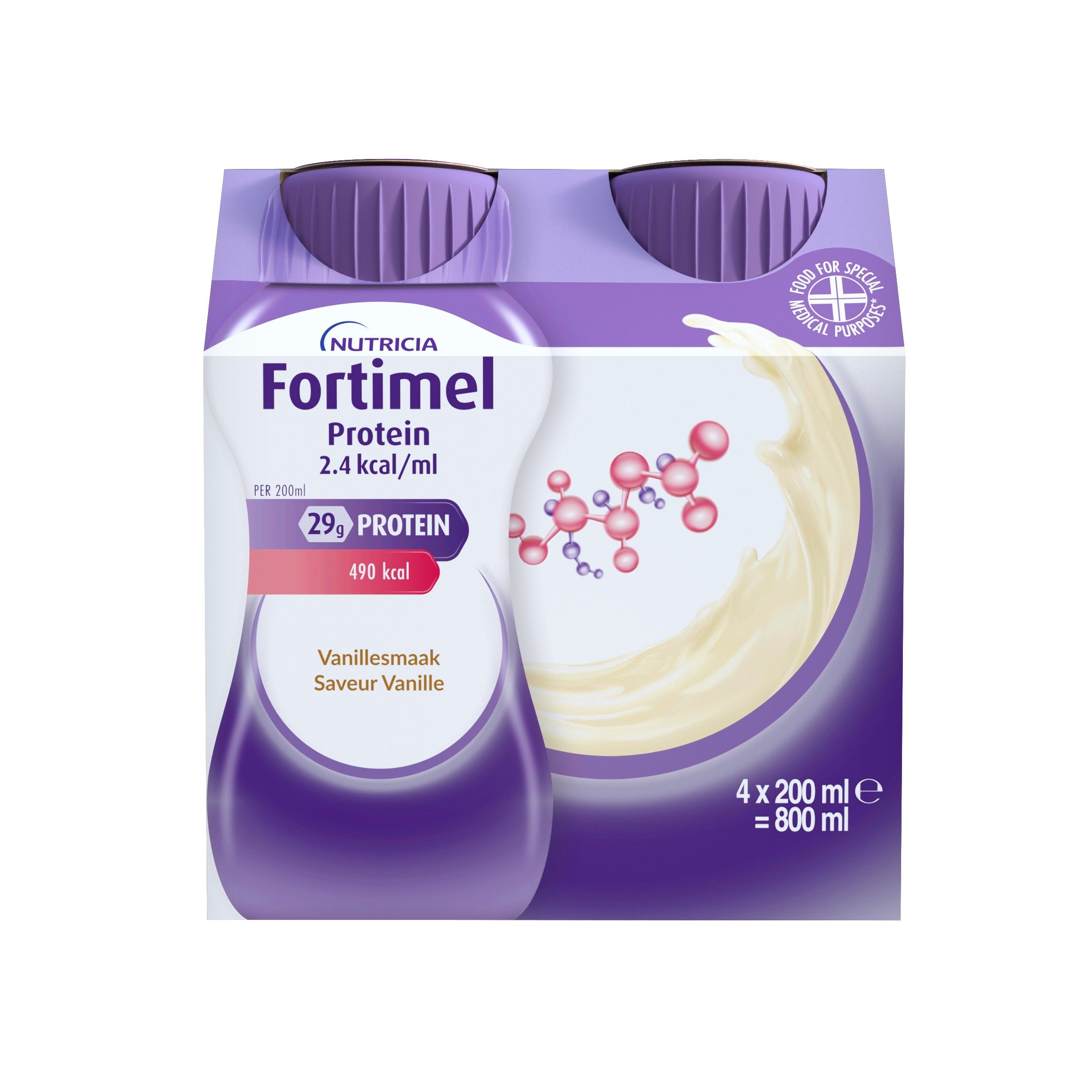 Fortimel Protein 2.4 kcal/ml, goût vanille. Pack de 4 bouteilles. Inscription : Nutricia Fortimel Protein.
