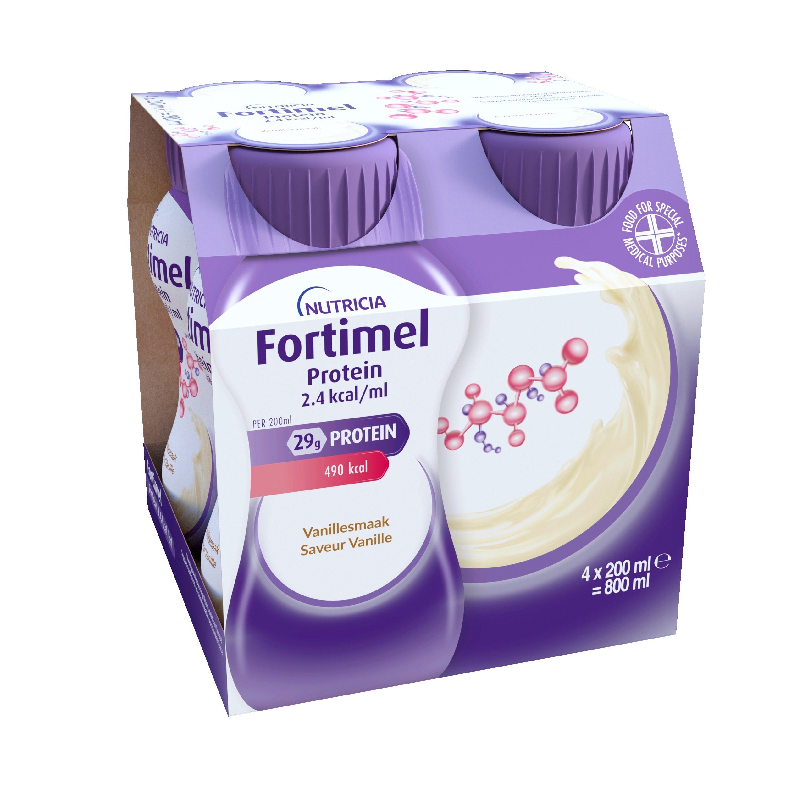 Fortimel Protein 2.4 kcal/ml, goût vanille. Pack de 4 bouteilles. Inscription : Nutricia Fortimel Protein.