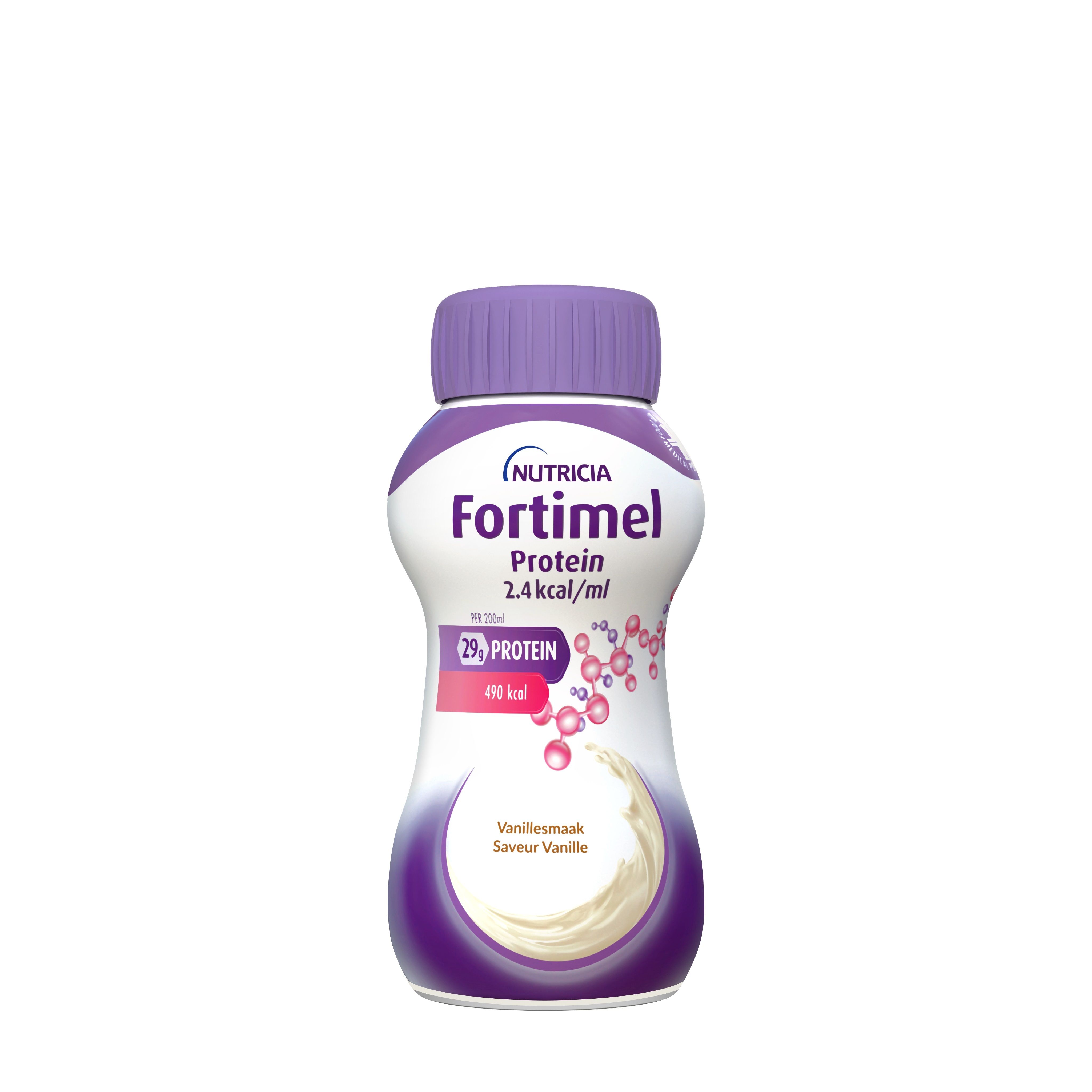 Bouteille unique Fortimel Protein 2.4 kcal/ml, goût vanille. Inscription : Nutricia Fortimel Protein.