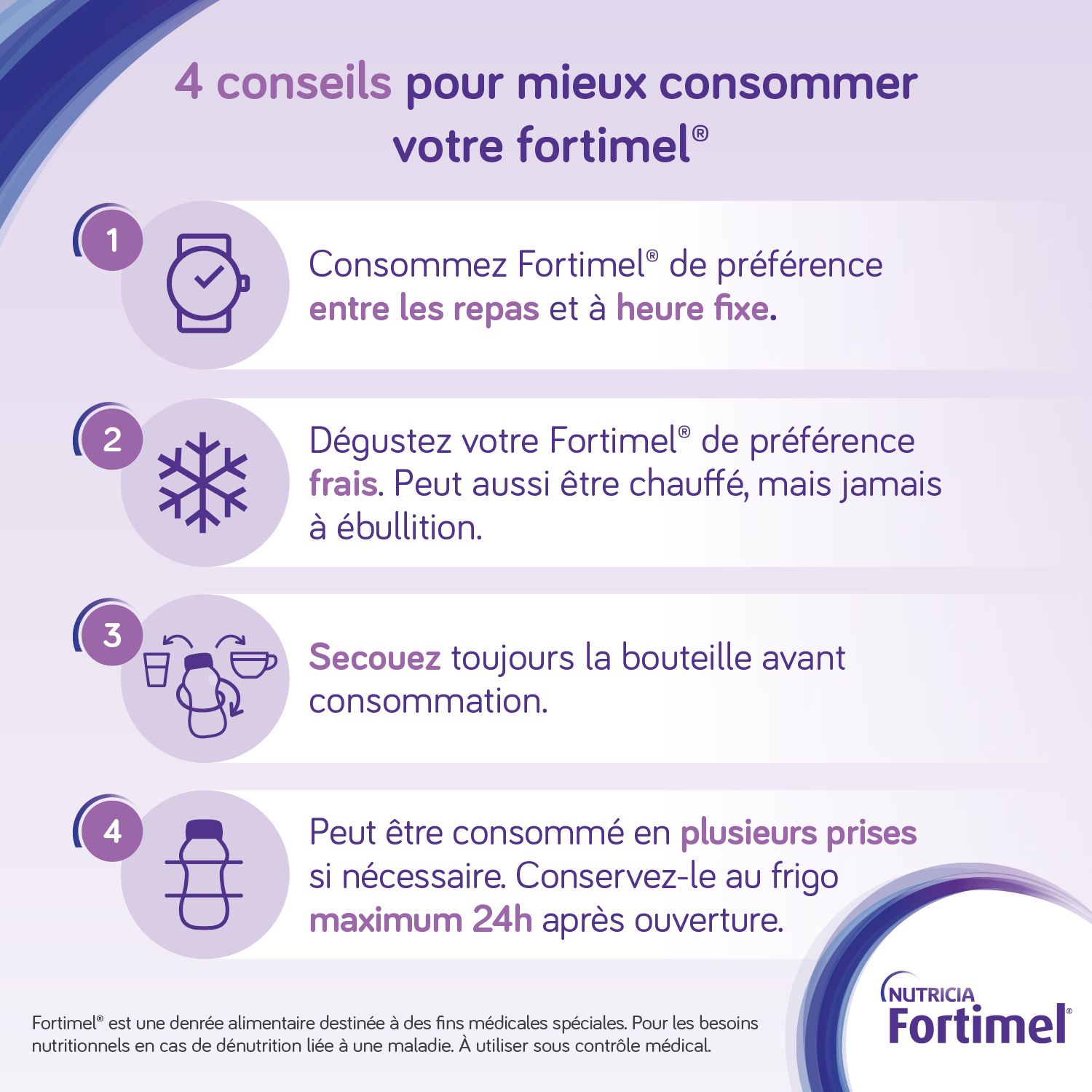 Conseils pour consommer Fortimel. 4 illustrations avec texte. Inscription : Nutricia Fortimel.