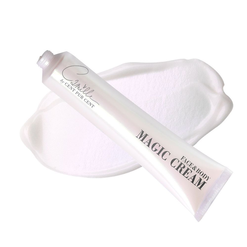 Creme-Tube und Creme-Klecks. Aufschrift: Camille by Cent Pur Cent, Magic Cream Face & Body.