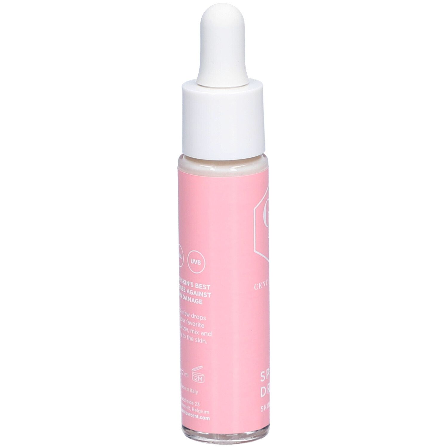 Rosa Flasche mit weißem Deckel und Pipette. Aufschrift: Cent Pur Cent, SPF 50 Drops, Skin Shield. Text.