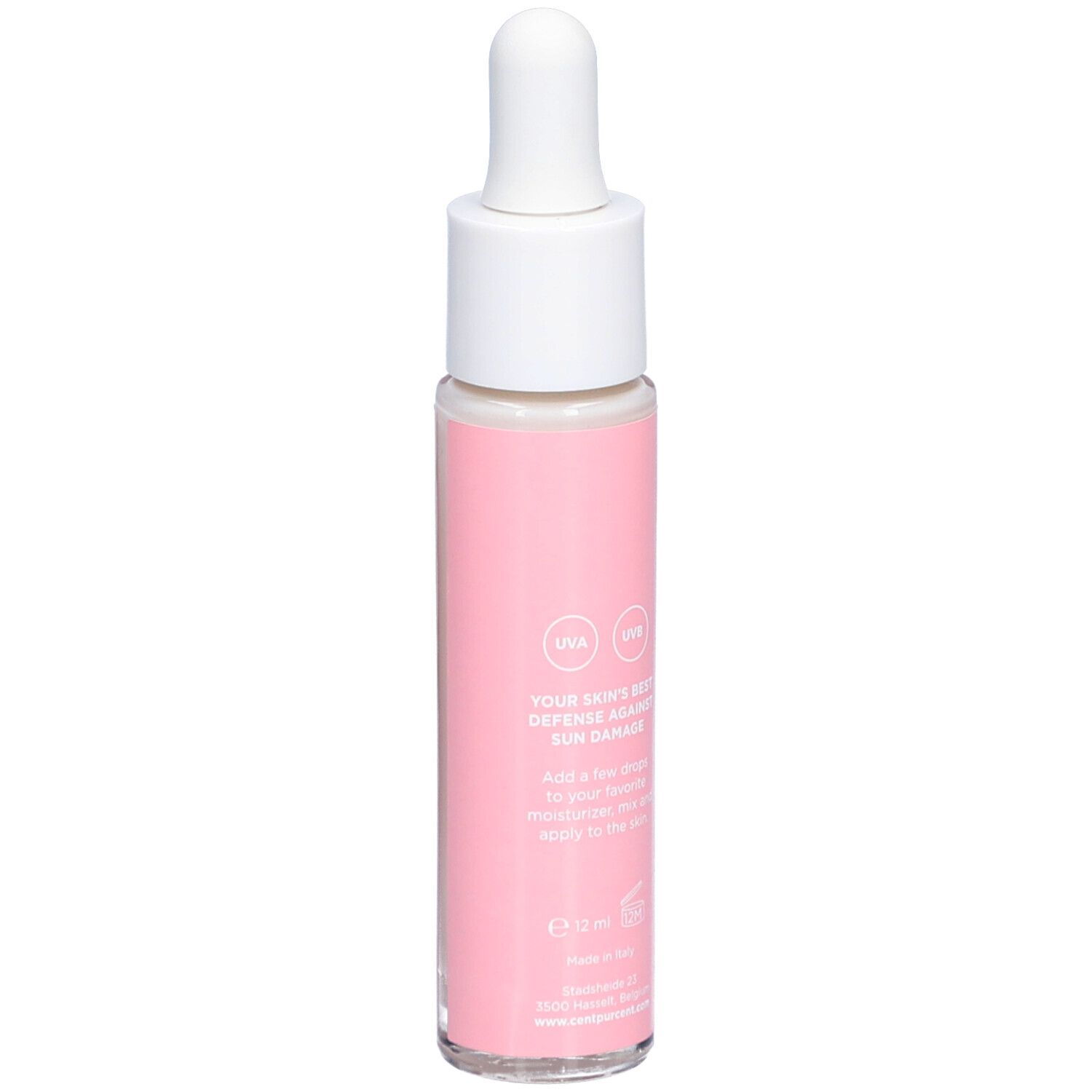 Rosa Flasche mit weißem Deckel und Pipette. Aufschrift: Cent Pur Cent, SPF 50 Drops, Skin Shield. Text.