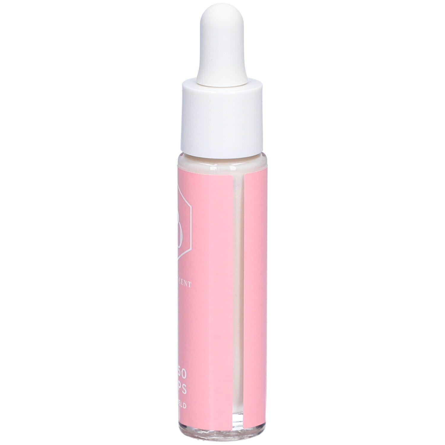 Rosa Flasche mit weißem Deckel und Pipette. Aufschrift: Cent Pur Cent, SPF 50 Drops, Skin Shield.