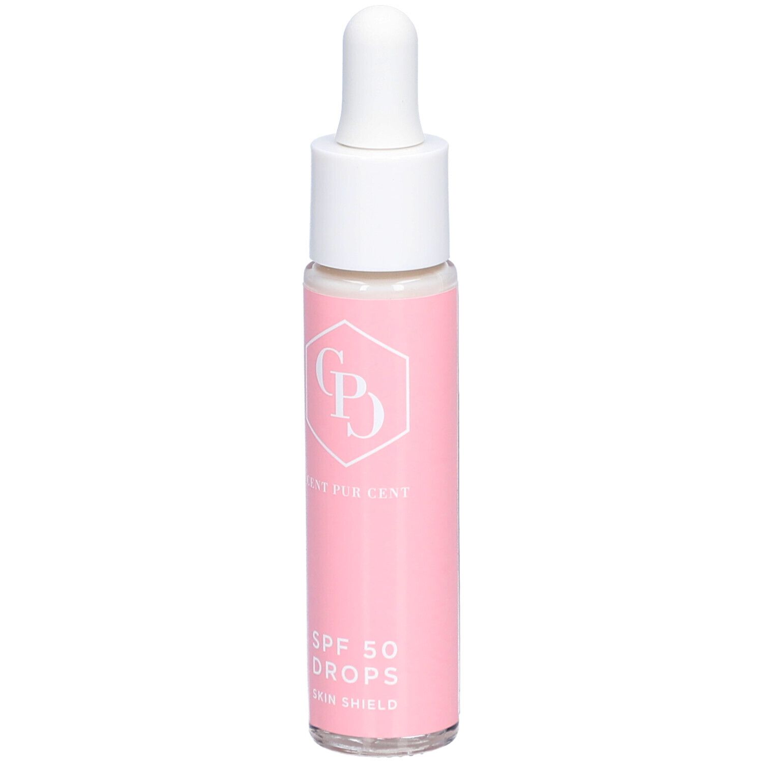 Rosa Flasche mit weißem Deckel und Pipette. Aufschrift: Cent Pur Cent, SPF 50 Drops, Skin Shield.