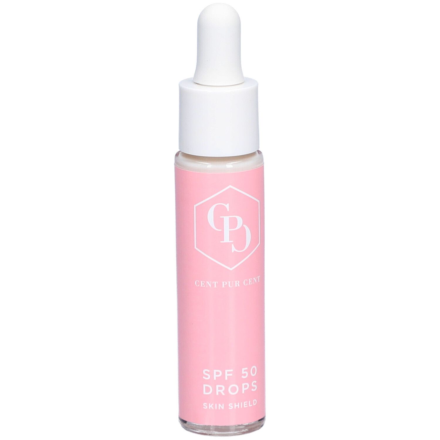 Rosa Flasche mit weißem Deckel und Pipette. Aufschrift: Cent Pur Cent, SPF 50 Drops, Skin Shield.