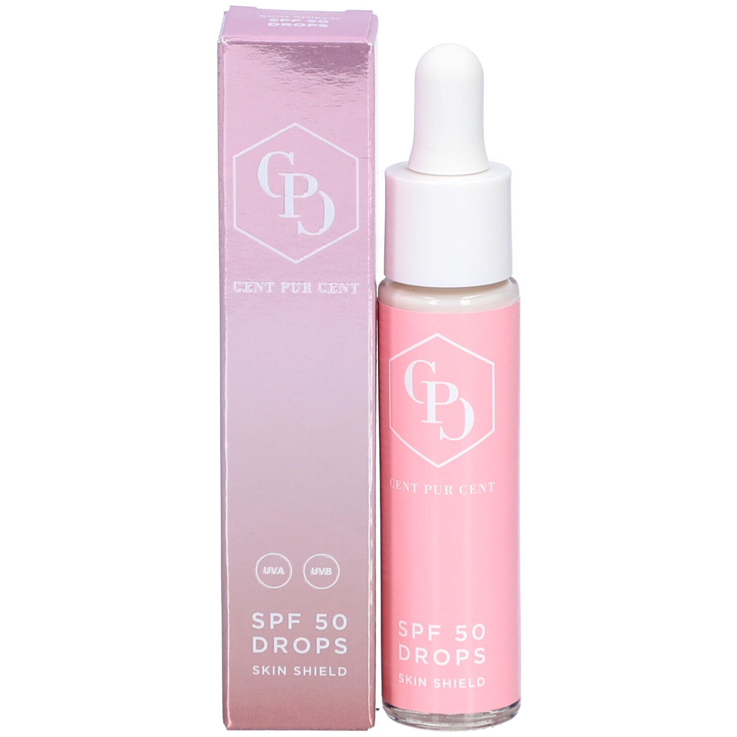 Produktflasche und Verpackung. Rosa Flasche mit weißem Deckel und Pipette. Aufschrift: Cent Pur Cent, SPF 50 Drops.