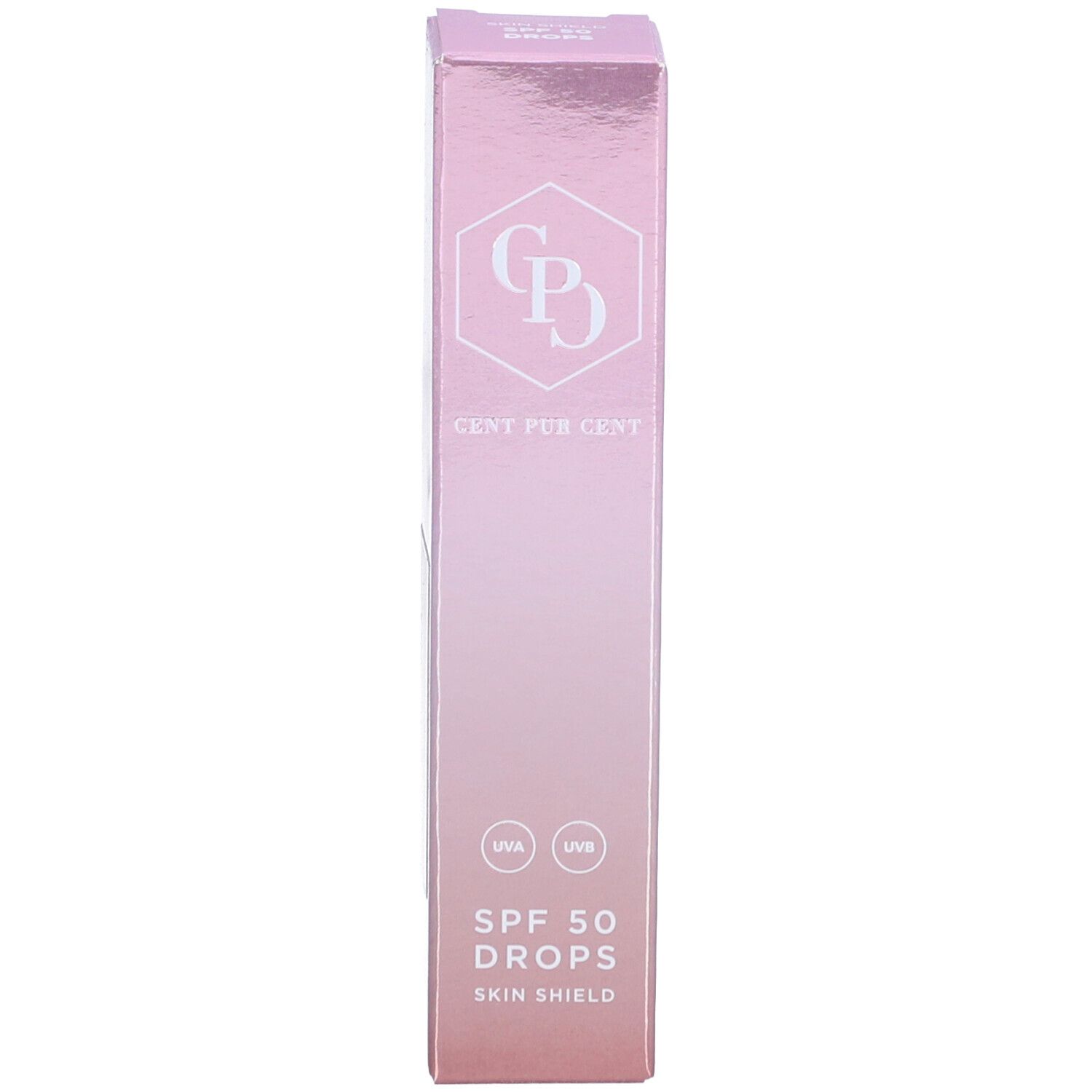 Rosa Verpackung mit Aufschrift: Cent Pur Cent, SPF 50 Drops, Skin Shield. UVA/UVB-Logo.