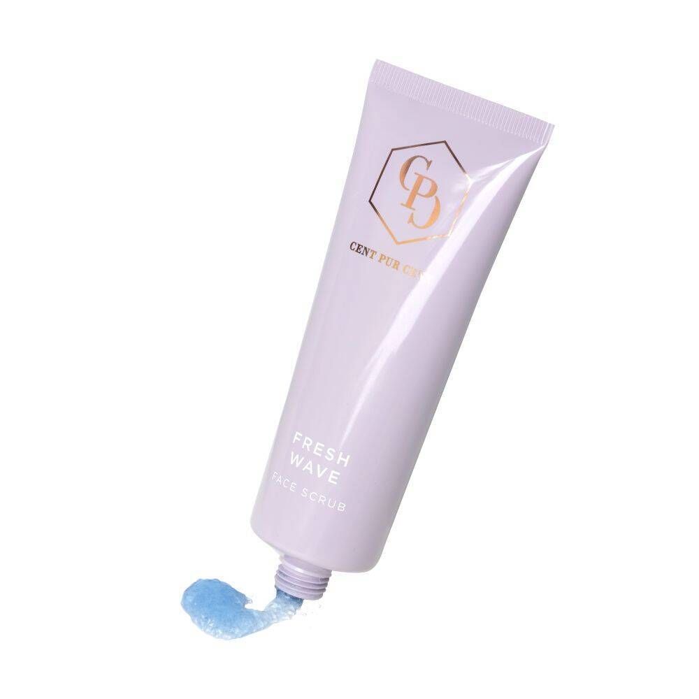 Tube lilas, produit sortant. Inscription : Cent Pur Cent, Fresh Wave Face Scrub.