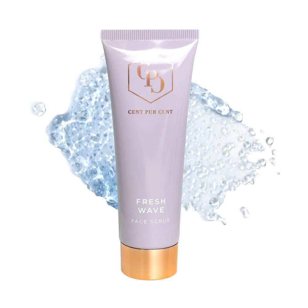Tube lilas avec bouchon doré, fond de gel bleu. Inscription : Cent Pur Cent, Fresh Wave.