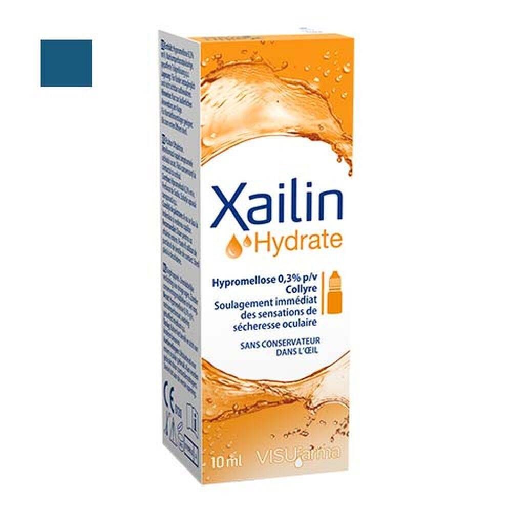 Xailin Hydrate oogdruppelverpakking. Oranje en wit. Bevat 10 ml. Tekst: Hypromellose 0,3%. Onmiddellijke verlichting bij droge ogen. CE-markering.