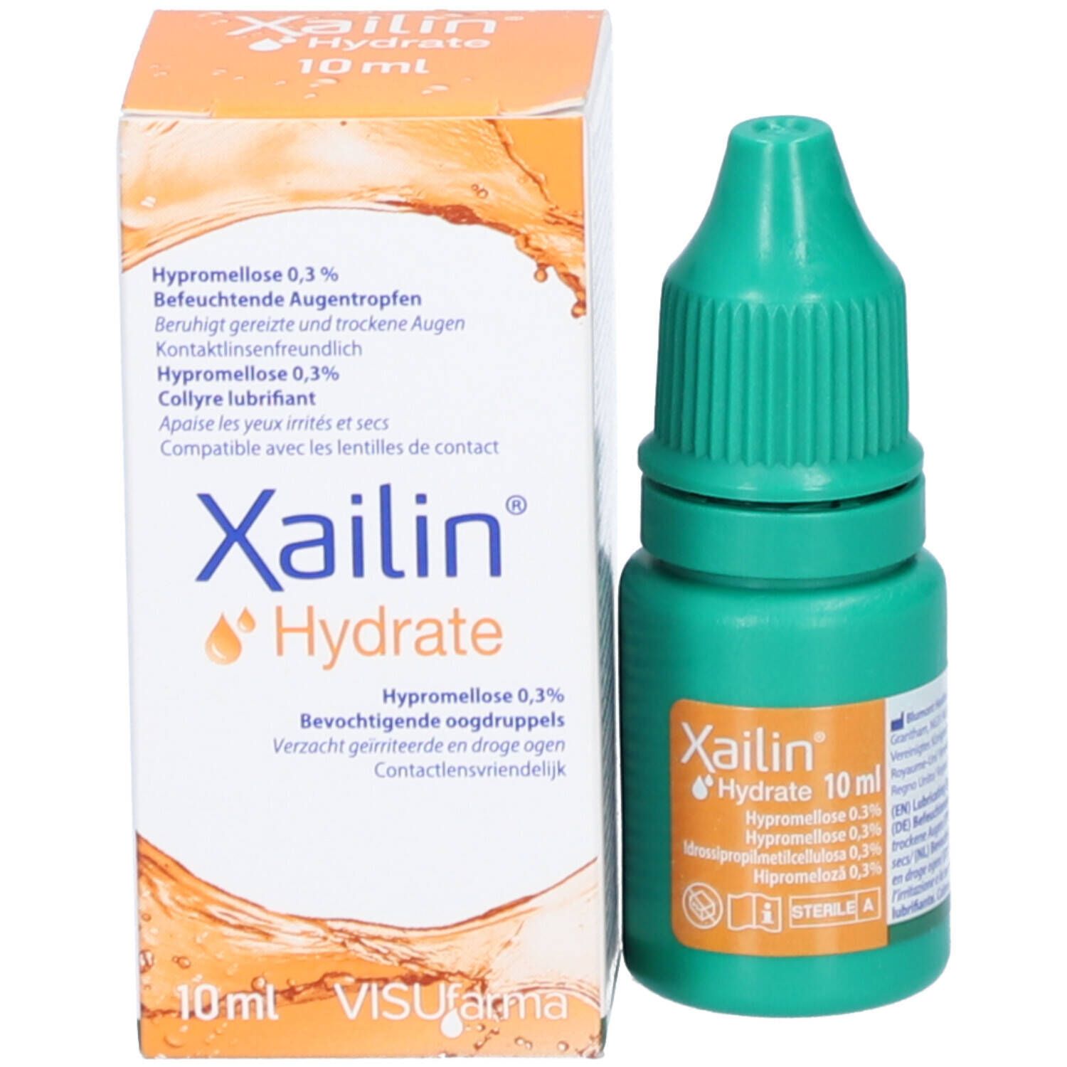 Xailin Hydrate oogdruppels en verpakking. Groene fles, witte verpakking. Bevat 10 ml. Tekst: Hypromellose 0,3%. Contactlensvriendelijk.