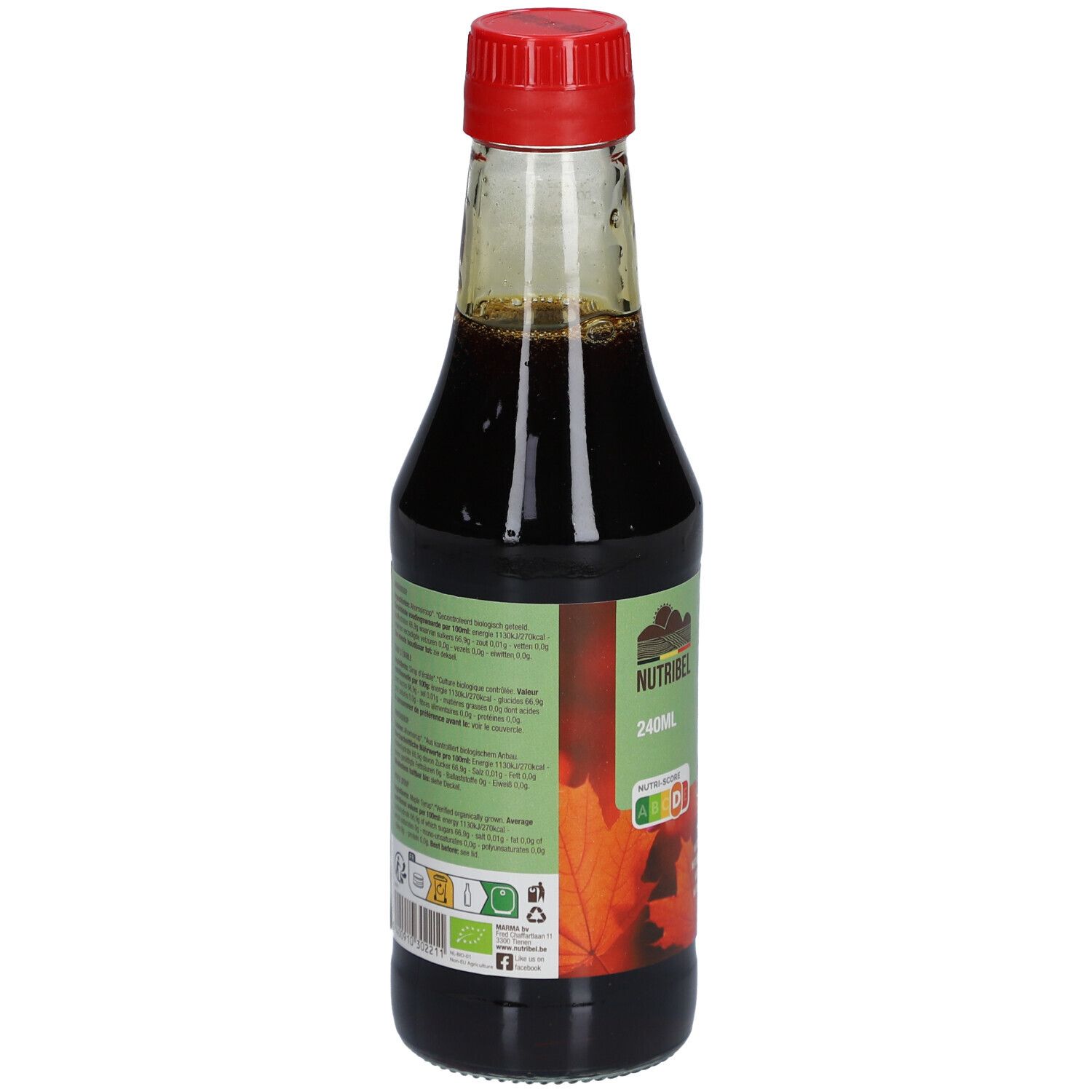Dos de la bouteille de sirop d'érable. Étiquettes vertes avec texte. Label bio et autres certifications.