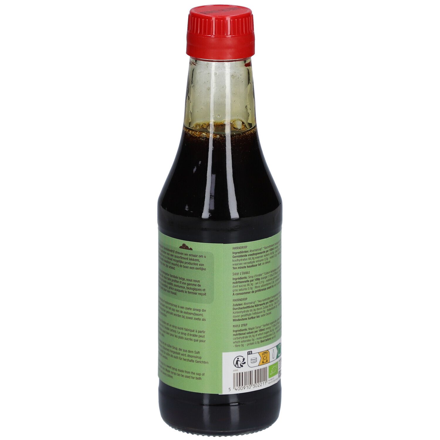 Vue arrière de la bouteille de sirop d'érable. Étiquettes vertes avec texte. Label bio et autres certifications.