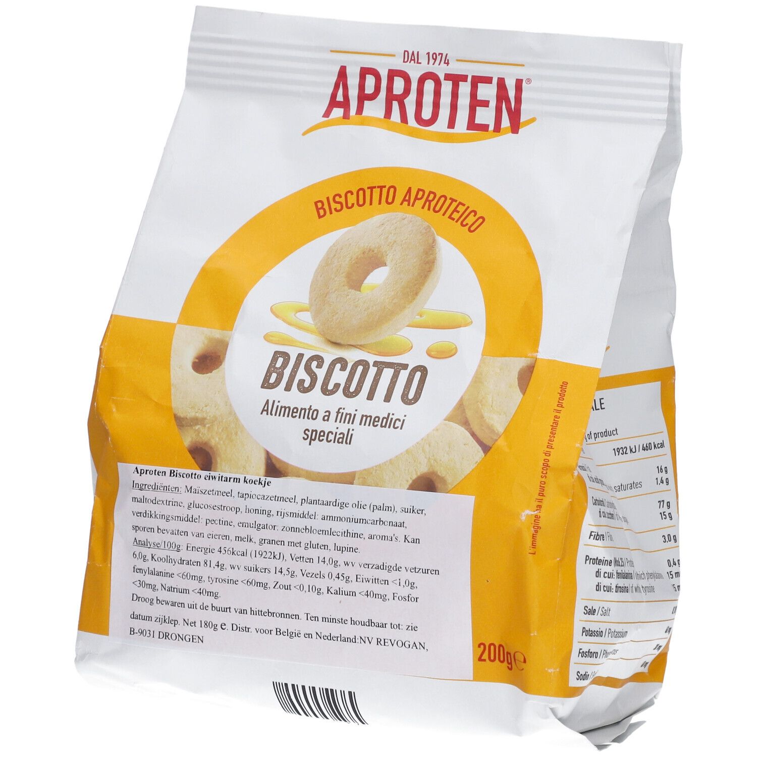 Paquet de Biscotto Aproten. Emballage blanc et jaune avec image du produit et texte. Inscription : Biscotto, Alimento a fini medici speciali.