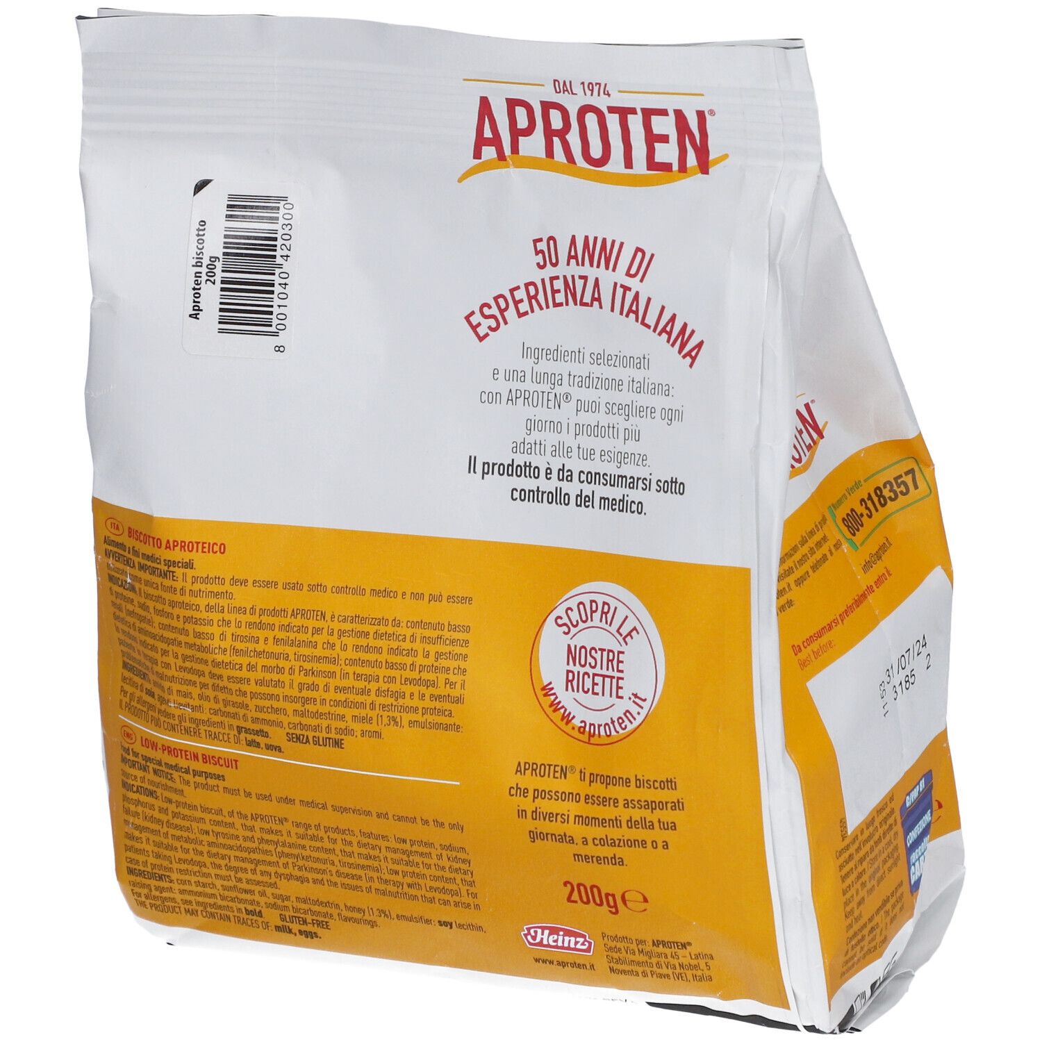 Dos du paquet de Biscotto Aproten. Texte en italien. Inscription : 50 ANNI DI ESPERIENZA ITALIANA. 200g.