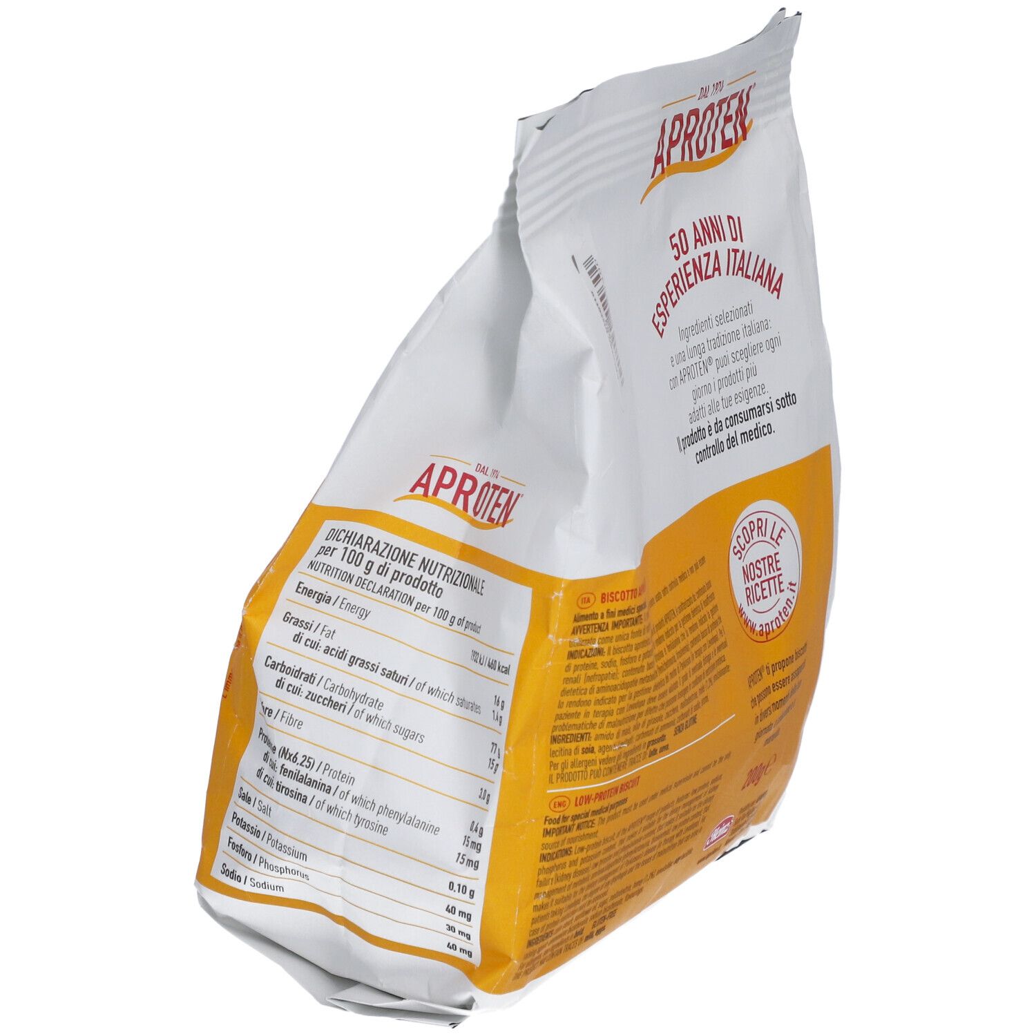 Dos du paquet de Biscotto Aproten. Texte en italien. Inscription : Dichiarazione nutrizionale per 100 g di prodotto.
