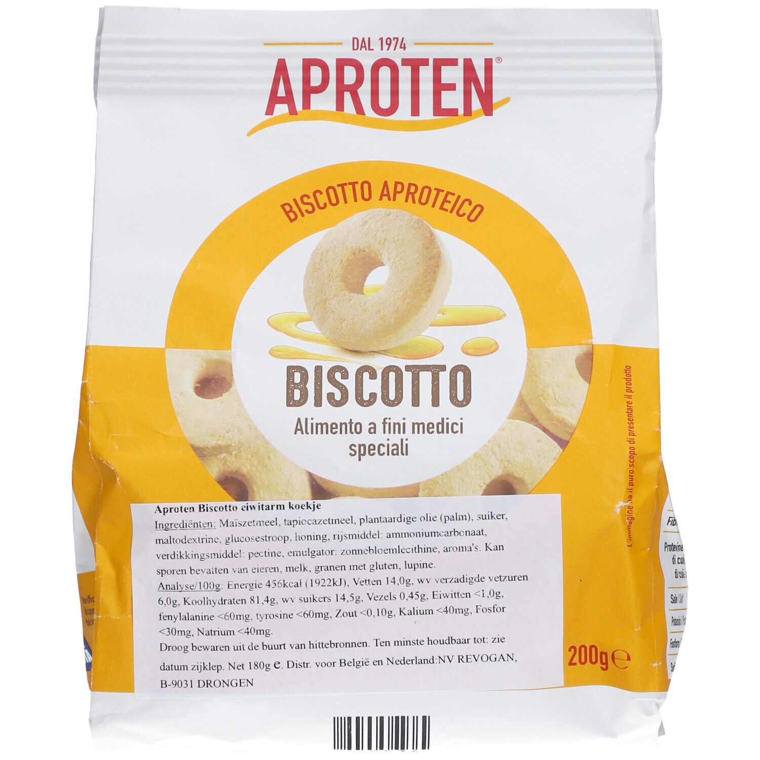 Paquet de Biscotto Aproten. Emballage blanc et jaune avec image du produit et texte. Inscription : Biscotto, Alimento a fini medici speciali. 200g.