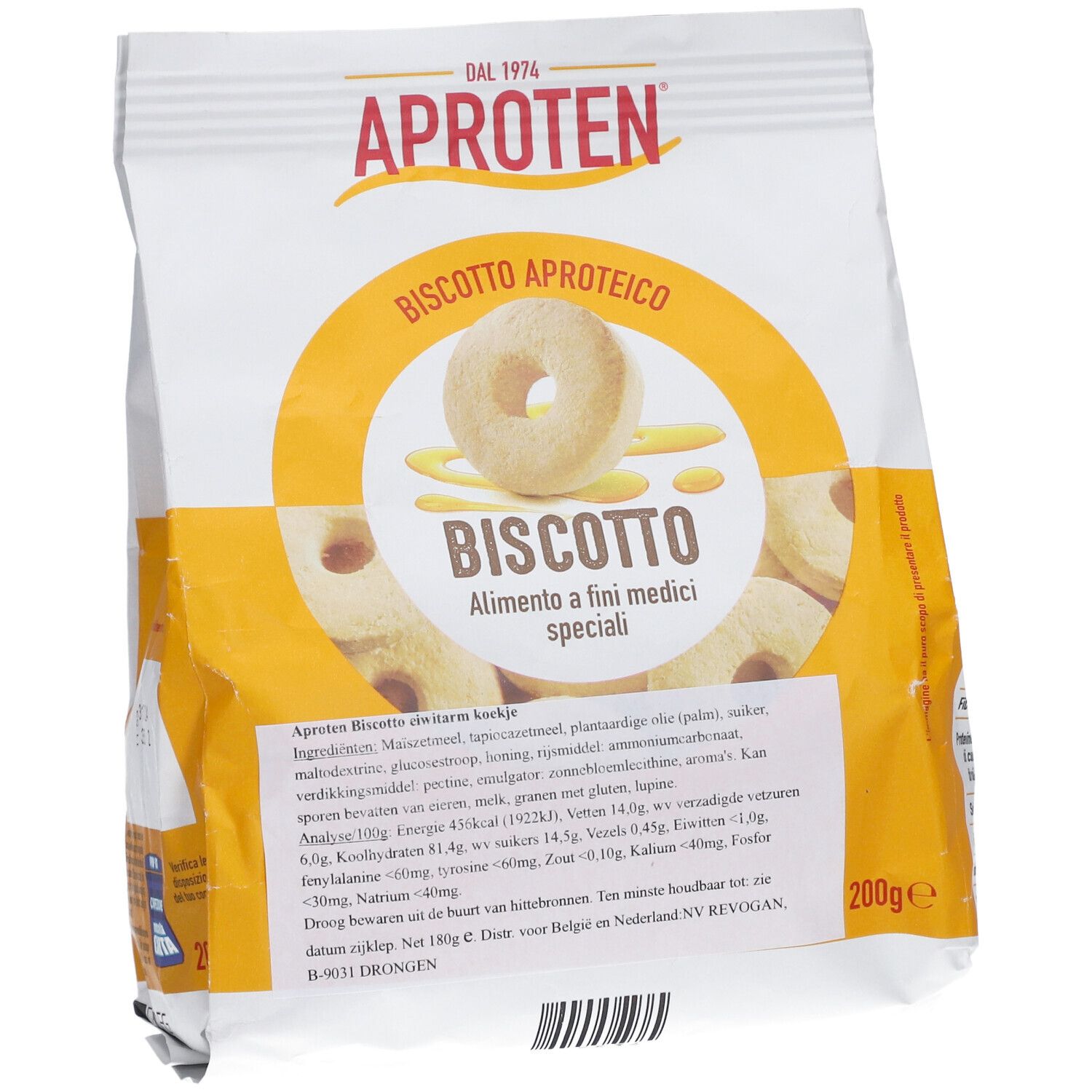 Paquet de Biscotto Aproten, en biais. Emballage blanc et jaune avec image du produit et texte. Inscription : Biscotto, Alimento a fini medici speciali. 200g.