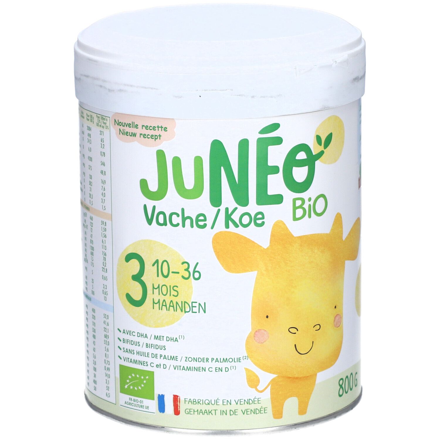 Boîte de lait Junéo 3-10-36 mois, illustration de vache, label BIO. 800g. Ingrédients et informations nutritionnelles.