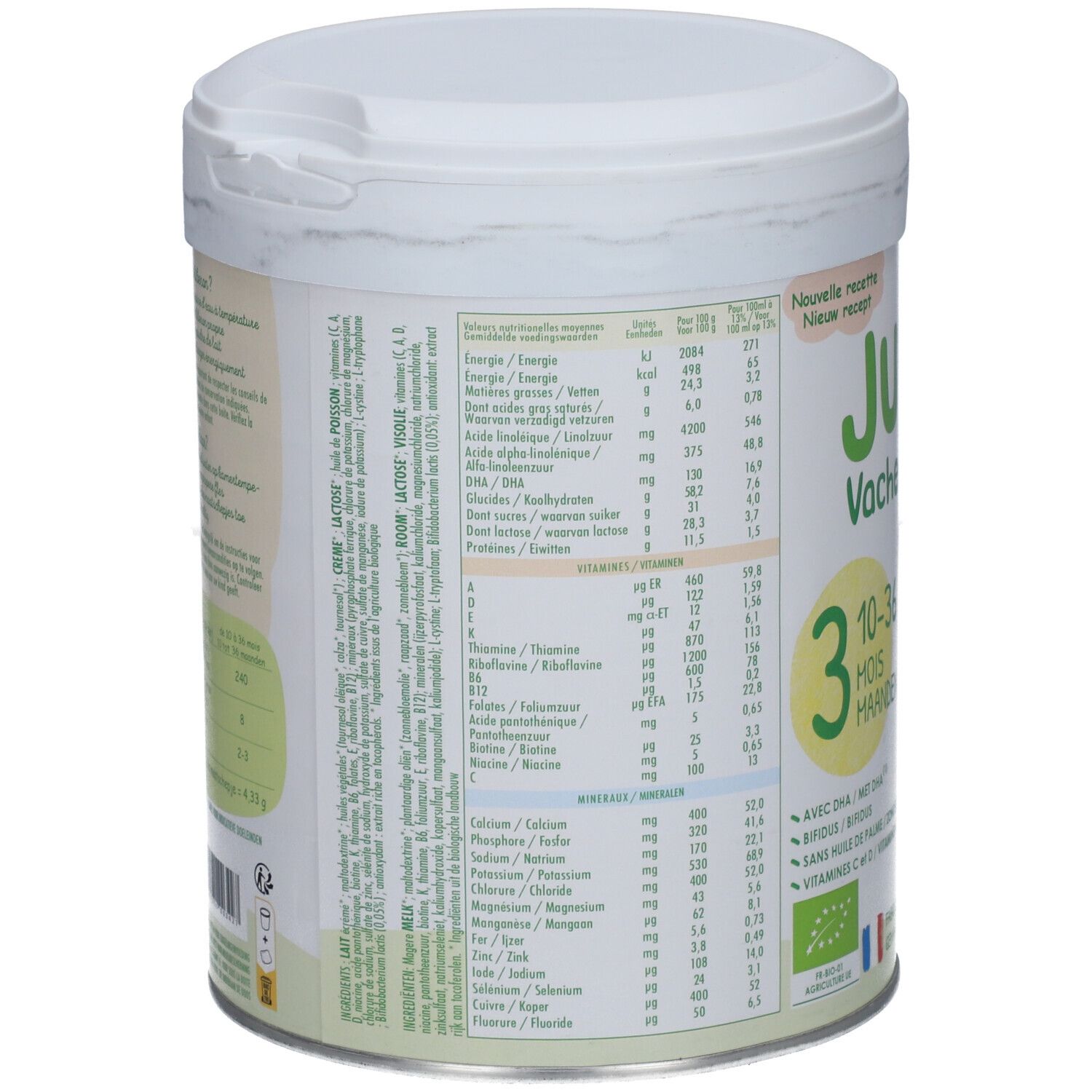 Dos de la boîte de lait Junéo. Informations nutritionnelles, liste des ingrédients et instructions de préparation.