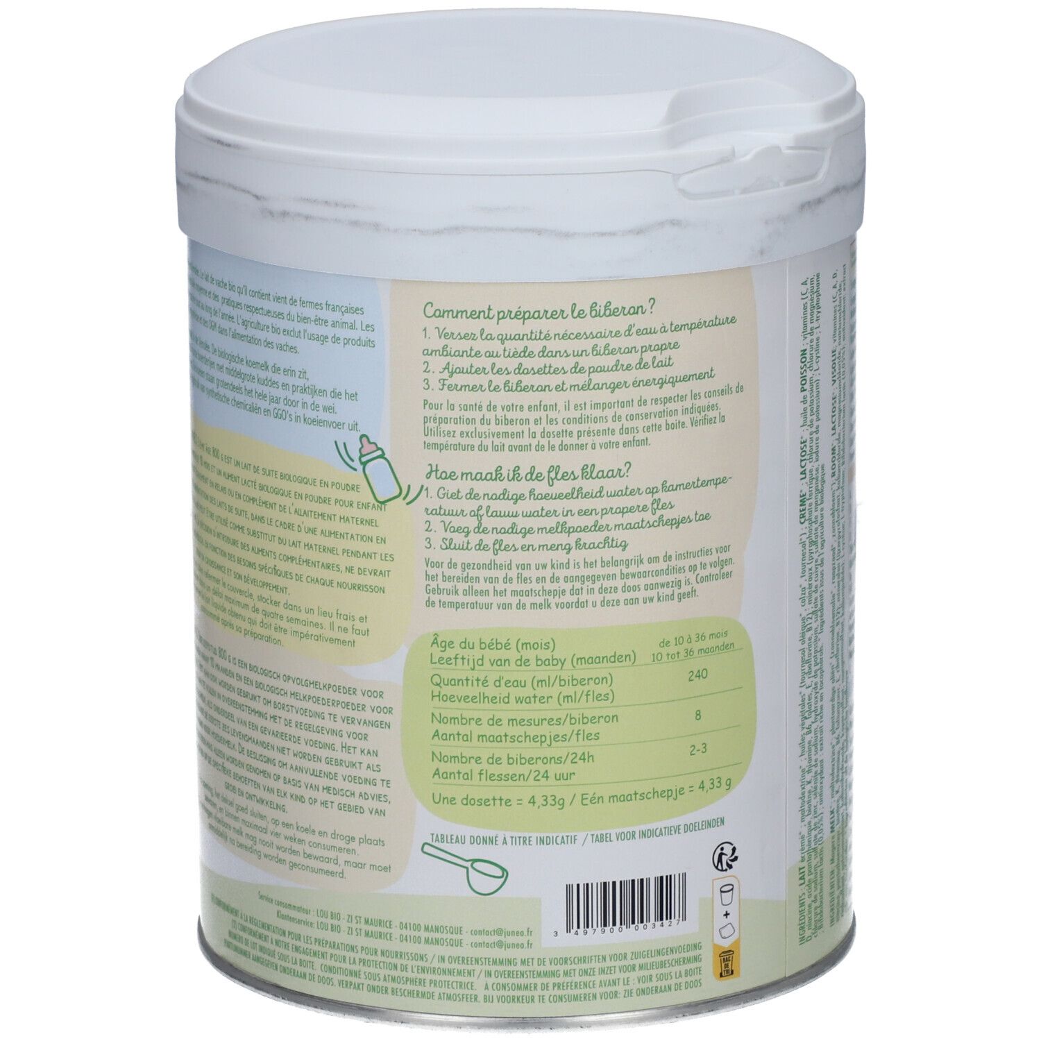 Boîte de lait Junéo. Instructions de préparation et recommandations de dosage pour nourrissons.