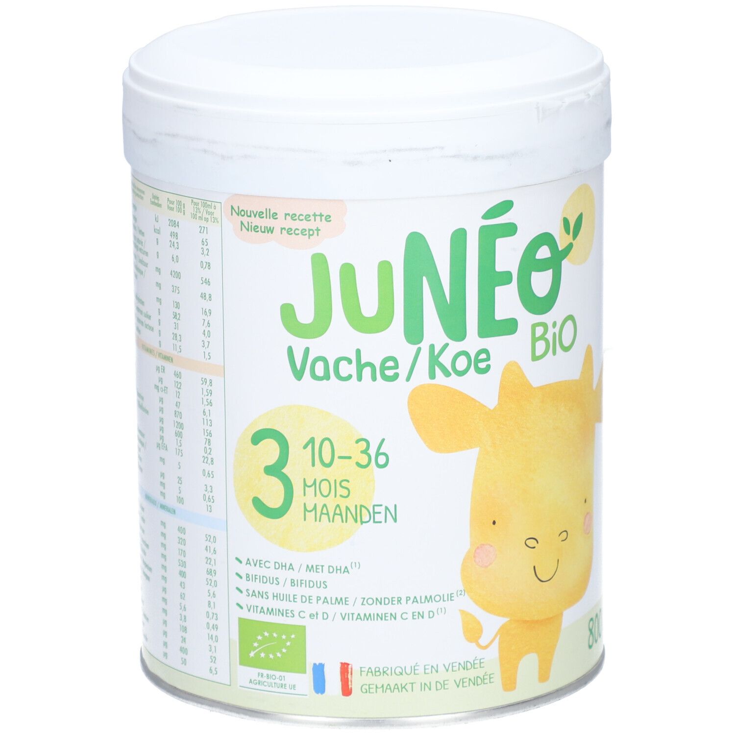 Boîte de lait Junéo, illustration de vache, label BIO, indication d'âge 3-10-36 mois.