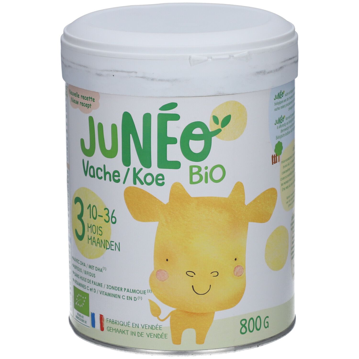 Boîte de lait Junéo, illustration de vache, label BIO, indication d'âge 3-10-36 mois.