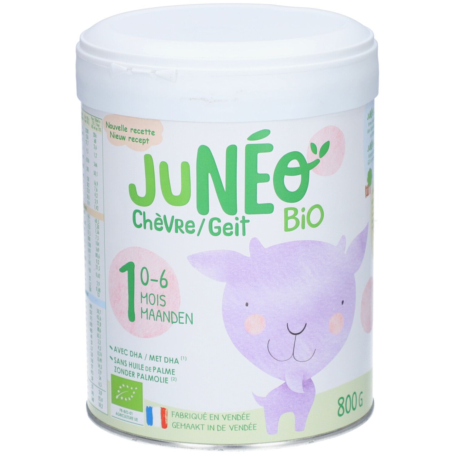 Boîte blanche 'JUNÉO Bio' pour lait infantile au lait de chèvre. Illustration d'une chèvre. Contient 800g. Pour 0-6 mois.