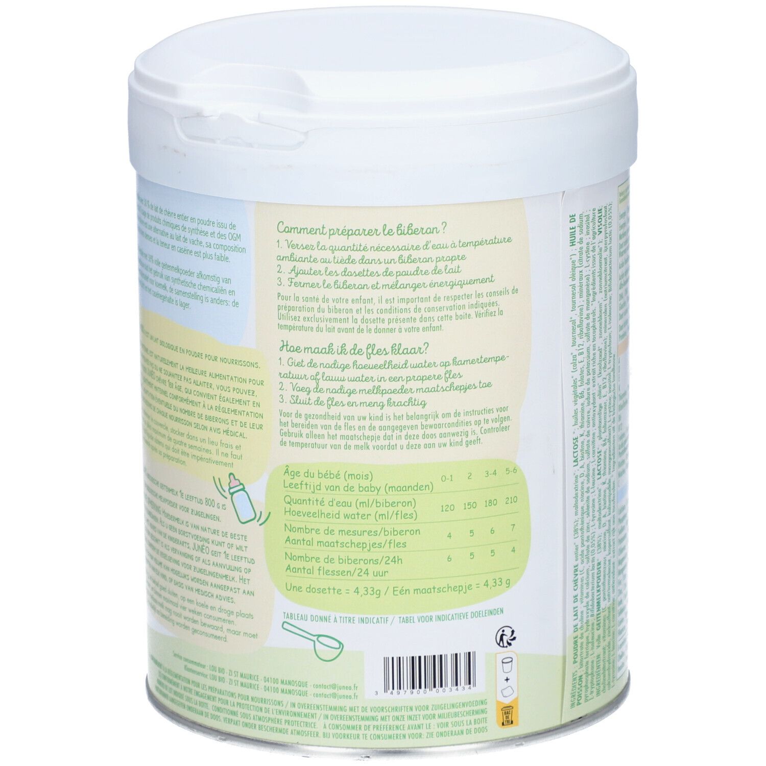 Instructions pour préparer le lait en poudre. Texte multilingue. Contient des informations sur le dosage et la préparation.