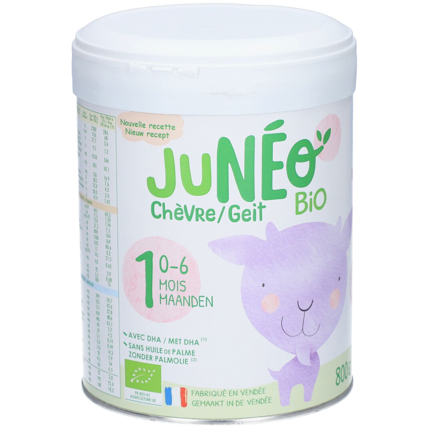 Boîte blanche 'JUNÉO Bio' pour lait infantile au lait de chèvre. Illustration d'une chèvre. Contient 800g. Pour 0-6 mois.