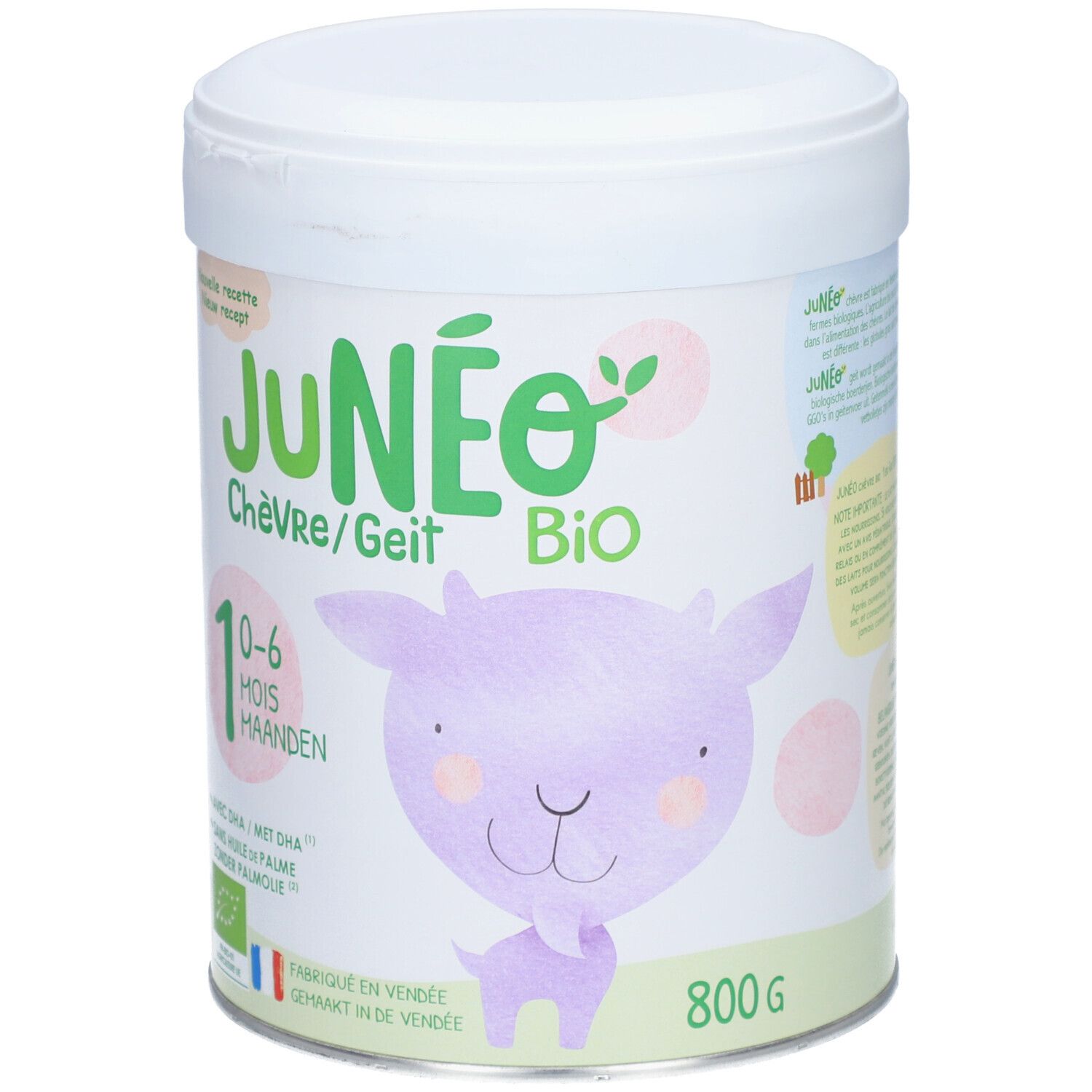 Boîte blanche 'JUNÉO Bio' pour lait infantile au lait de chèvre. Illustration d'une chèvre. Contient 800g. Pour 0-6 mois.