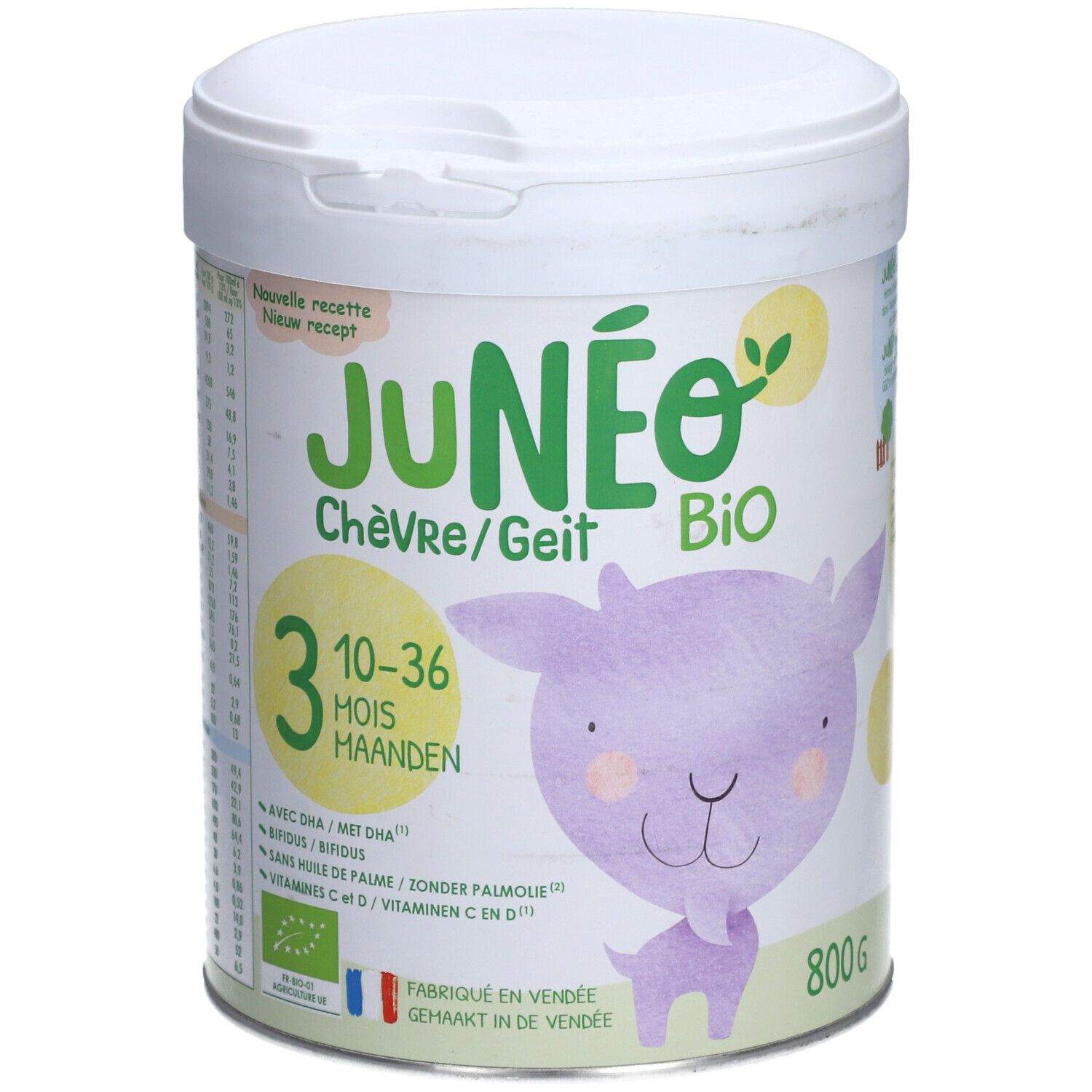 Ziegenmilchpulver-Dose. Junéo Bio, 10-36 Monate. Abbildung eines lila Ziegen-Cartoon. 800g. Mit DHA, ohne Palmöl, Vitamine C und D.