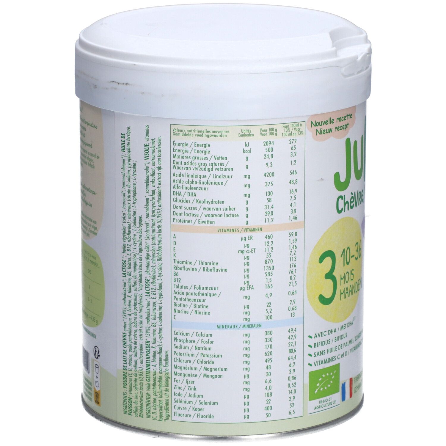 Rückseite der Dose mit Nährwertangaben und Inhaltsstoffen. Junéo Bio Ziegenmilchpulver. Informationen zu Vitaminen und Mineralien.