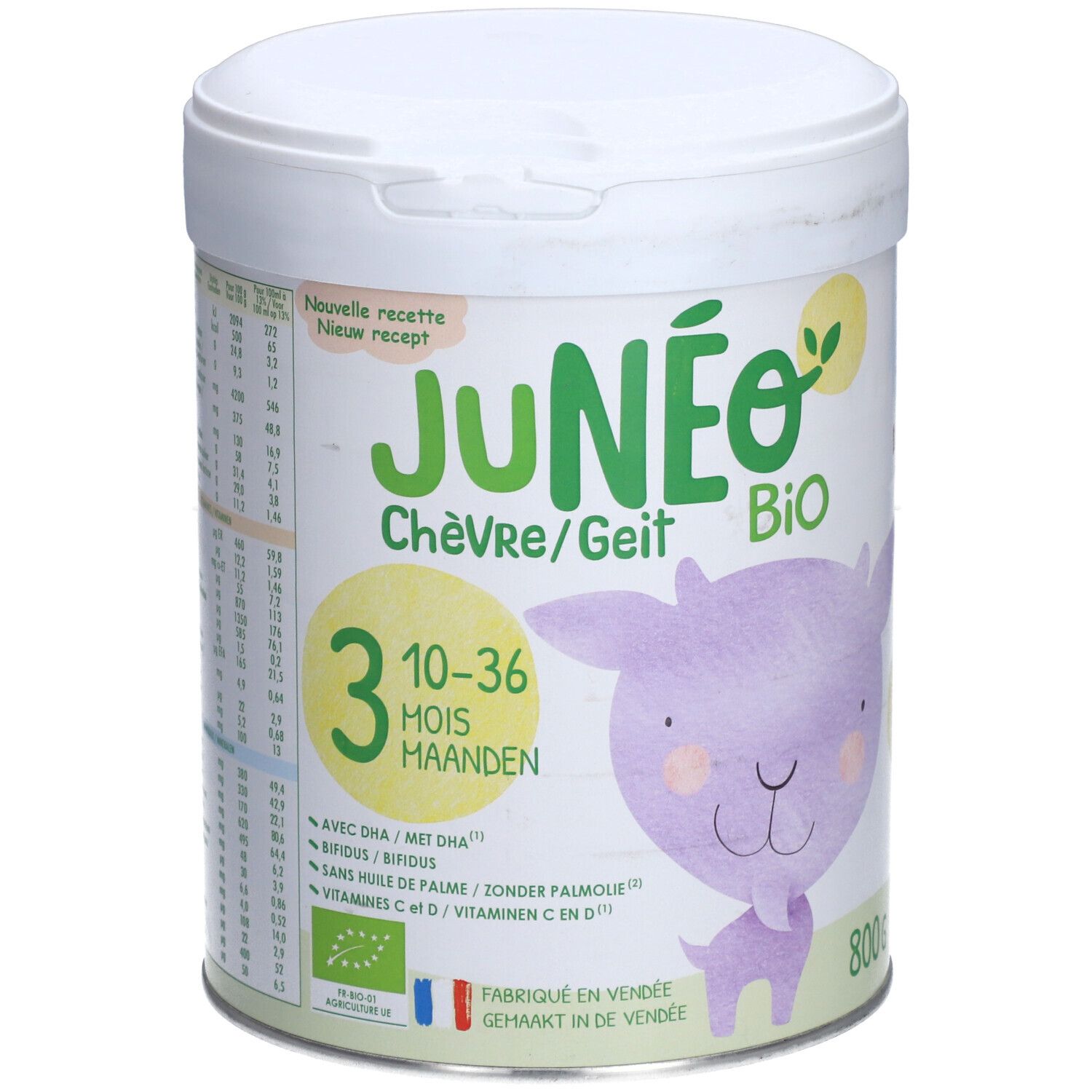 Ziegenmilchpulver-Dose. Junéo Bio, 10-36 Monate. Abbildung einer lila Ziege. 800g. Mit DHA, ohne Palmöl, Vitamine C und D.