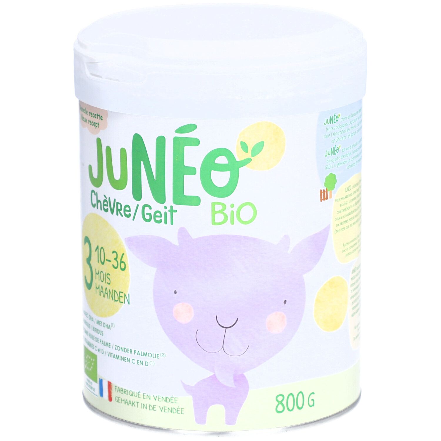 Ziegenmilchpulver-Dose. Junéo Bio, 10-36 Monate. Abbildung einer lila Ziege. 800g. Mit DHA, ohne Palmöl, Vitamine C und D.