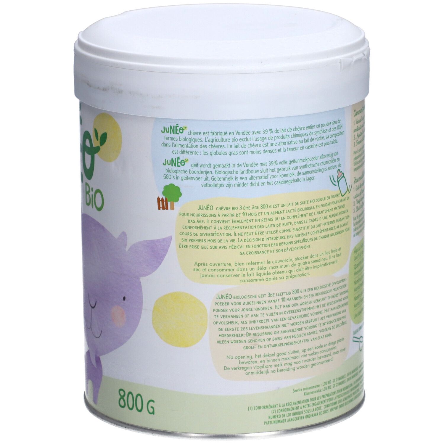 Rückseite der Dose mit Text. Junéo Bio Ziegenmilchpulver. Informationen über die Herstellung und Inhaltsstoffe. 800g.
