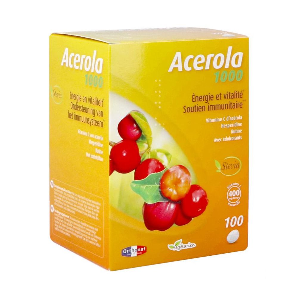 Boîte jaune Acérola 1000. Illustration de cerises acérola. Texte : Énergie et vitalité, Soutien immunitaire. Contient 100 comprimés.