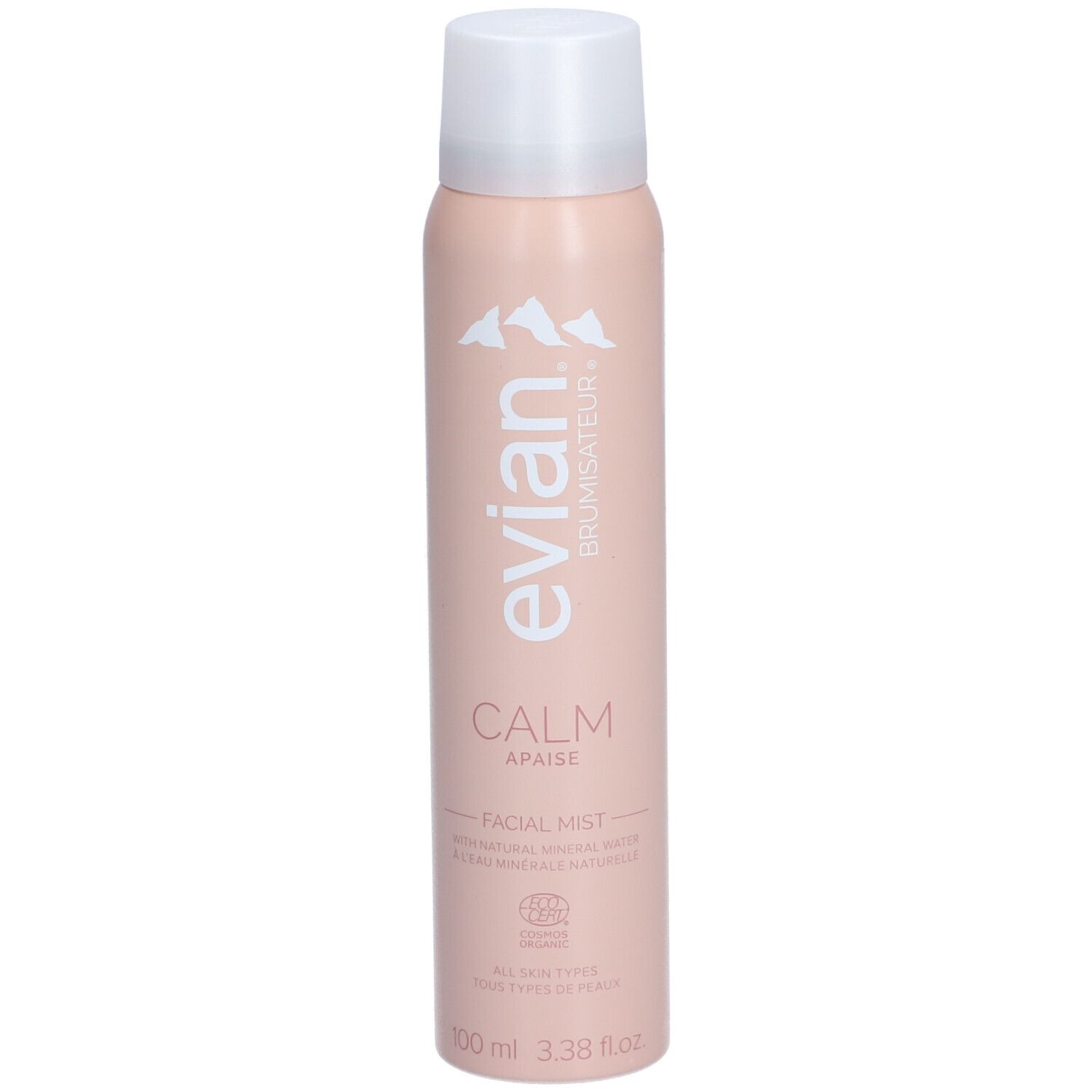 Flacon spray rose avec bouchon blanc. Inscriptions: evian, Brumisateur, Calm, Apaise, Facial Mist. Avec certification.
