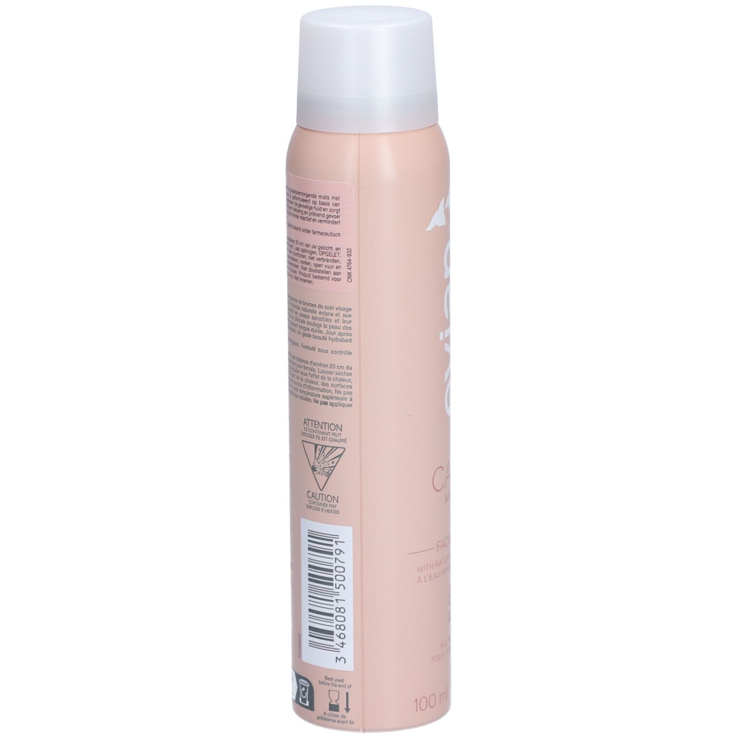 Flacon spray rose avec bouchon blanc. Dos avec texte et code-barres. Inscriptions: Attention, Caution.