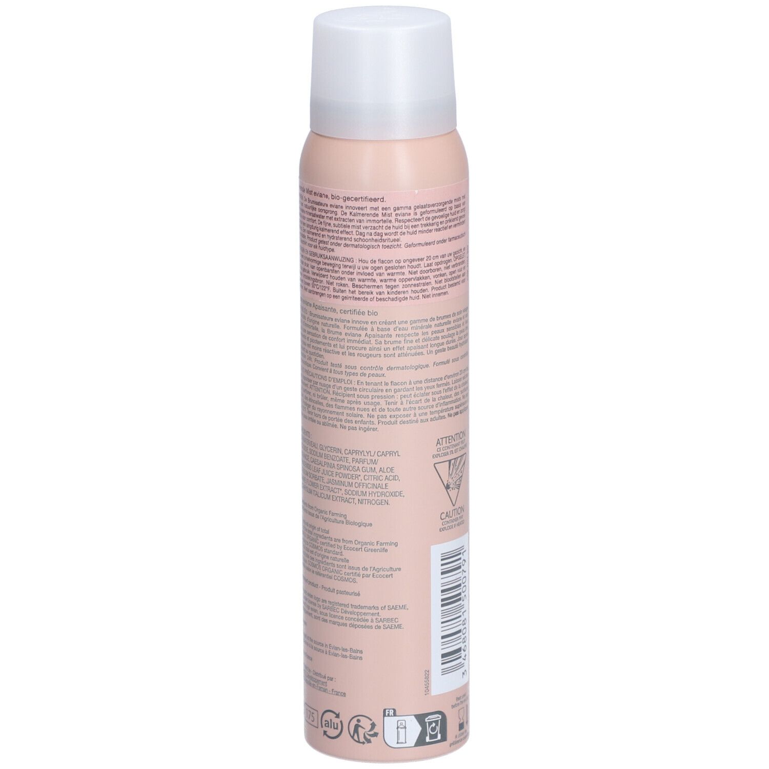 Flacon spray rose avec bouchon blanc. Dos avec texte et code-barres. Avec certification.