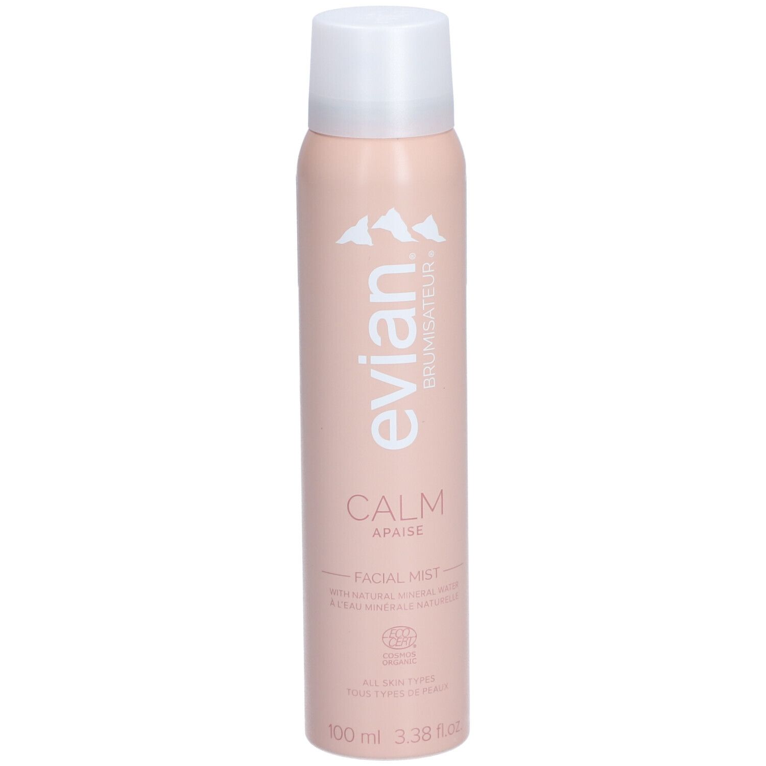 Flacon spray rose avec bouchon blanc. Inscriptions: evian, Brumisateur, Calm, Apaise, Facial Mist. Avec certification.