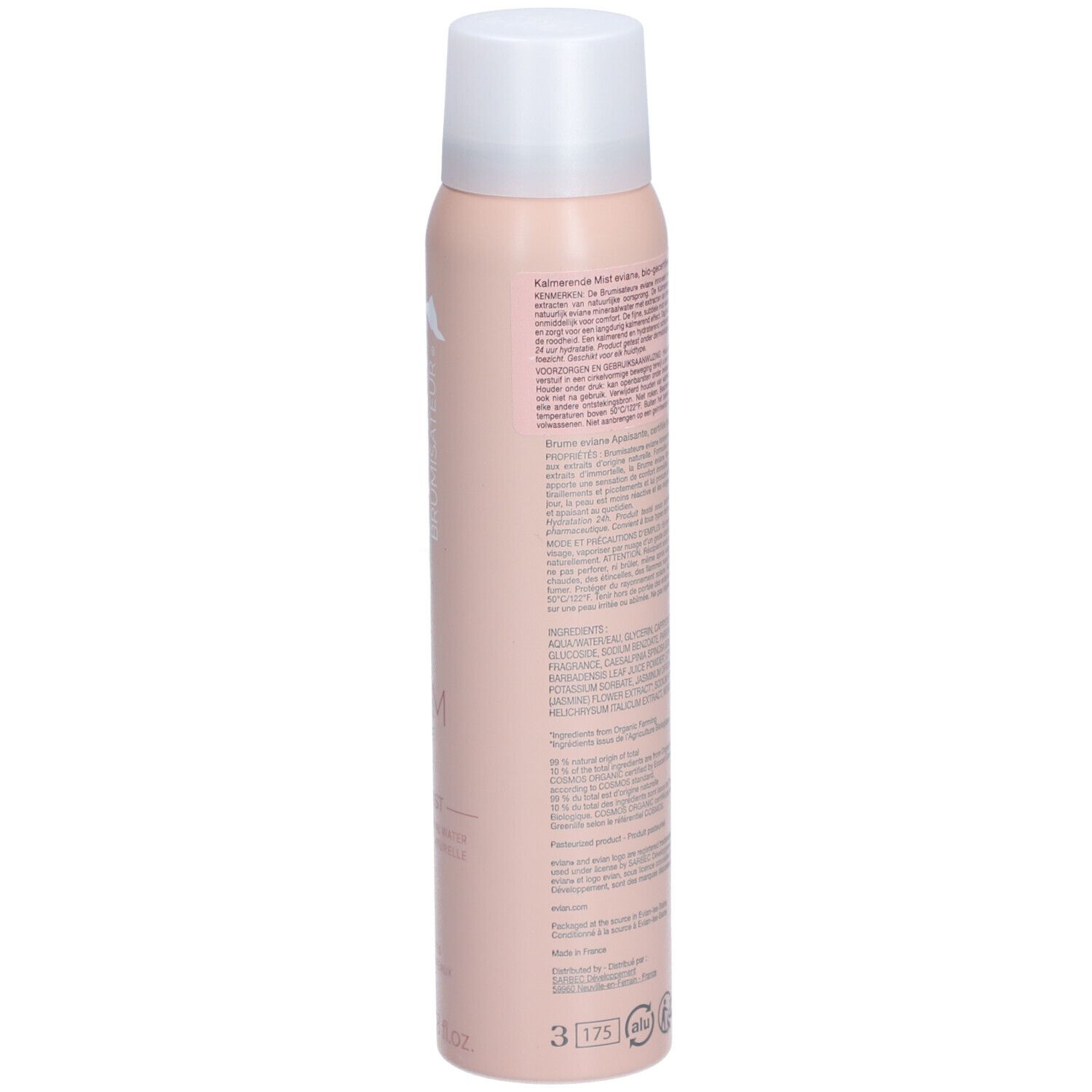Flacon spray rose avec bouchon blanc. Dos avec texte et code-barres. Avec certification.