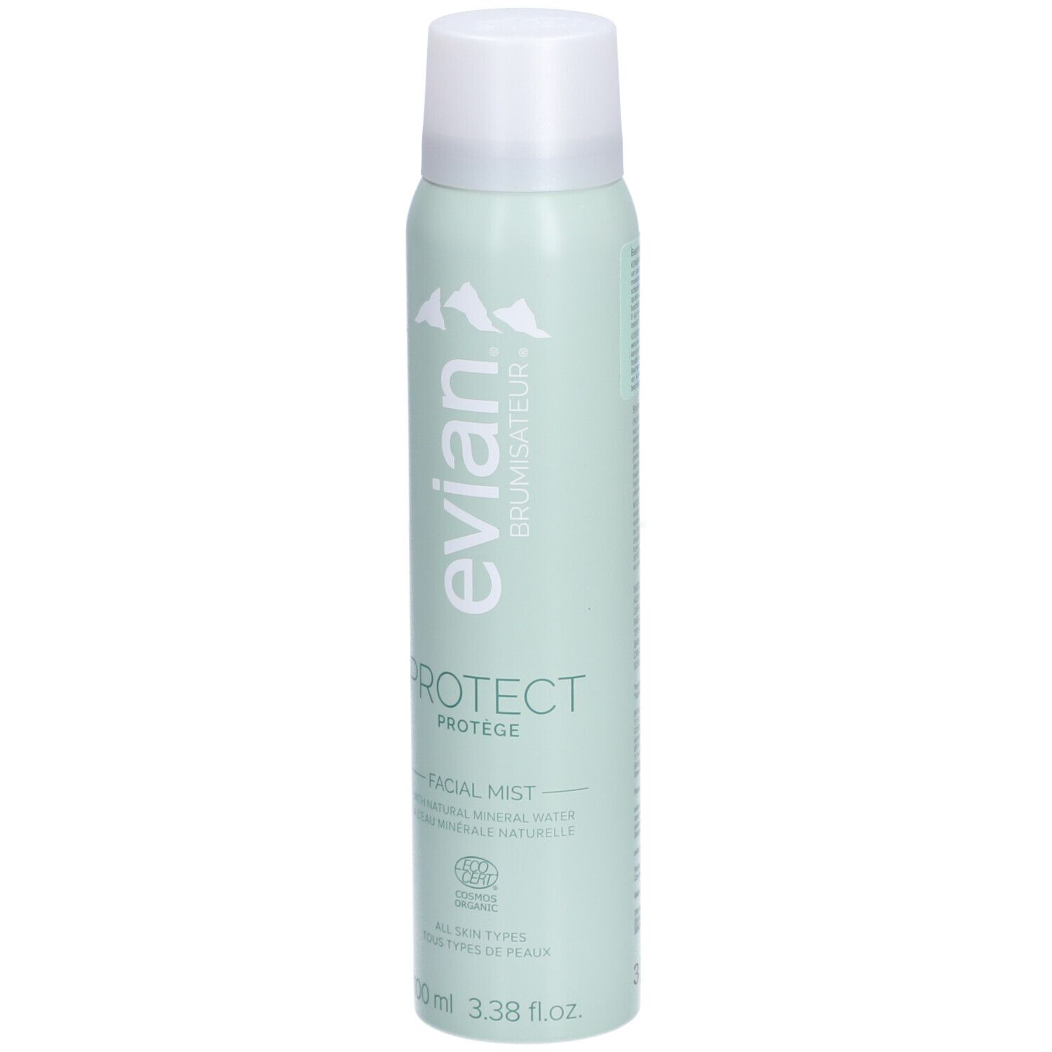 Hellgrüne Sprühflasche mit weißem Deckel. Aufschrift: evian, Brumisateur, Protect, Facial Mist. Mit Zertifizierungslogo.