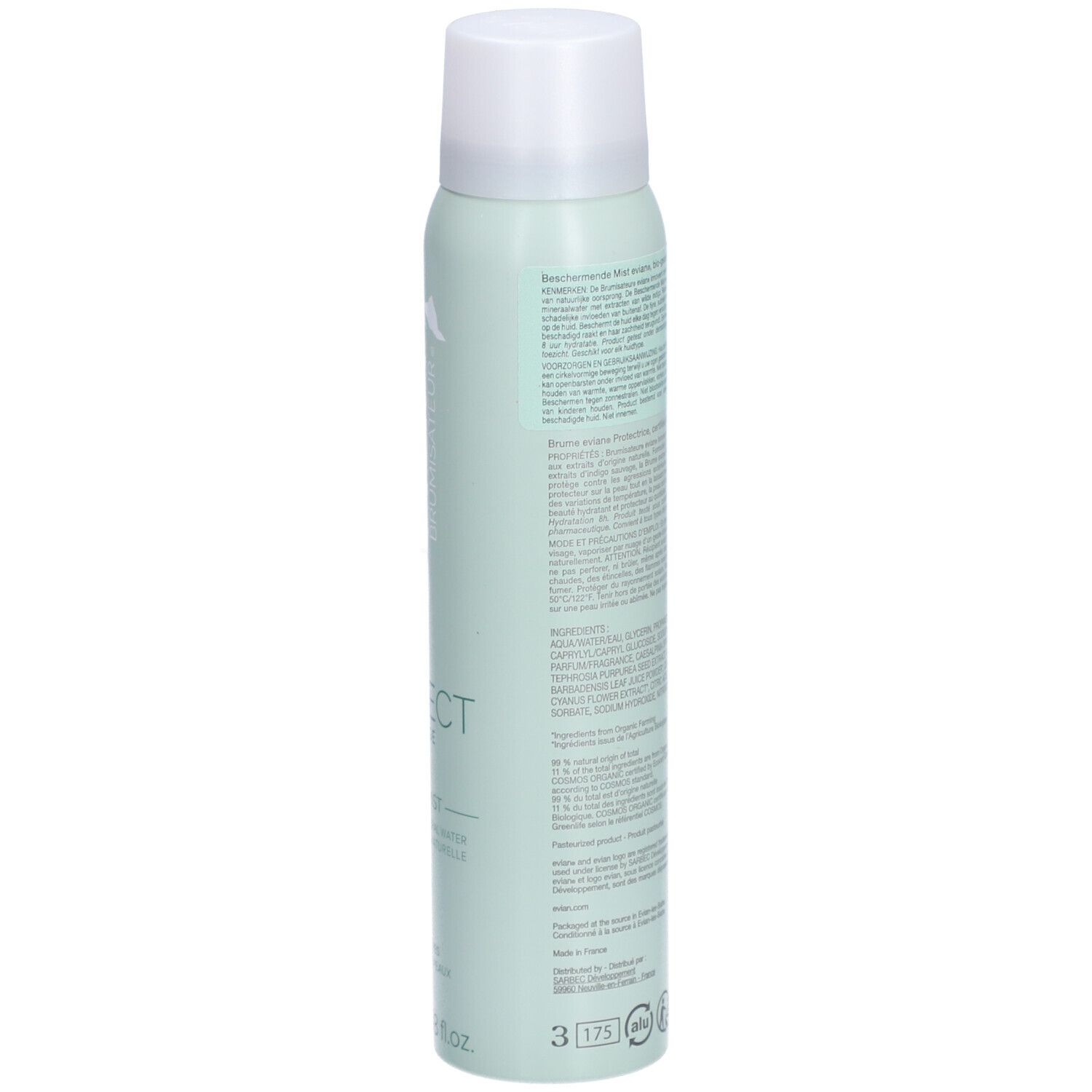 Hellgrüne Sprühflasche. Rückseite mit Text. Aufschrift: Inhaltsstoffe, Ingredients. Mit Recycling-Symbolen.