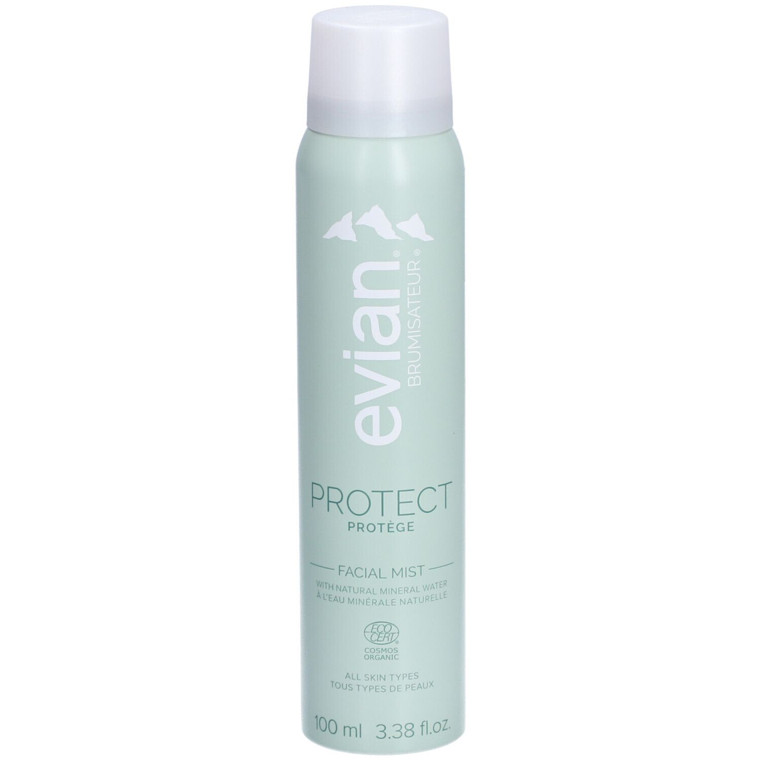 Hellgrüne Sprühflasche mit weißem Deckel. Aufschrift: evian, Brumisateur, Protect, Facial Mist. Mit Zertifizierungslogo.
