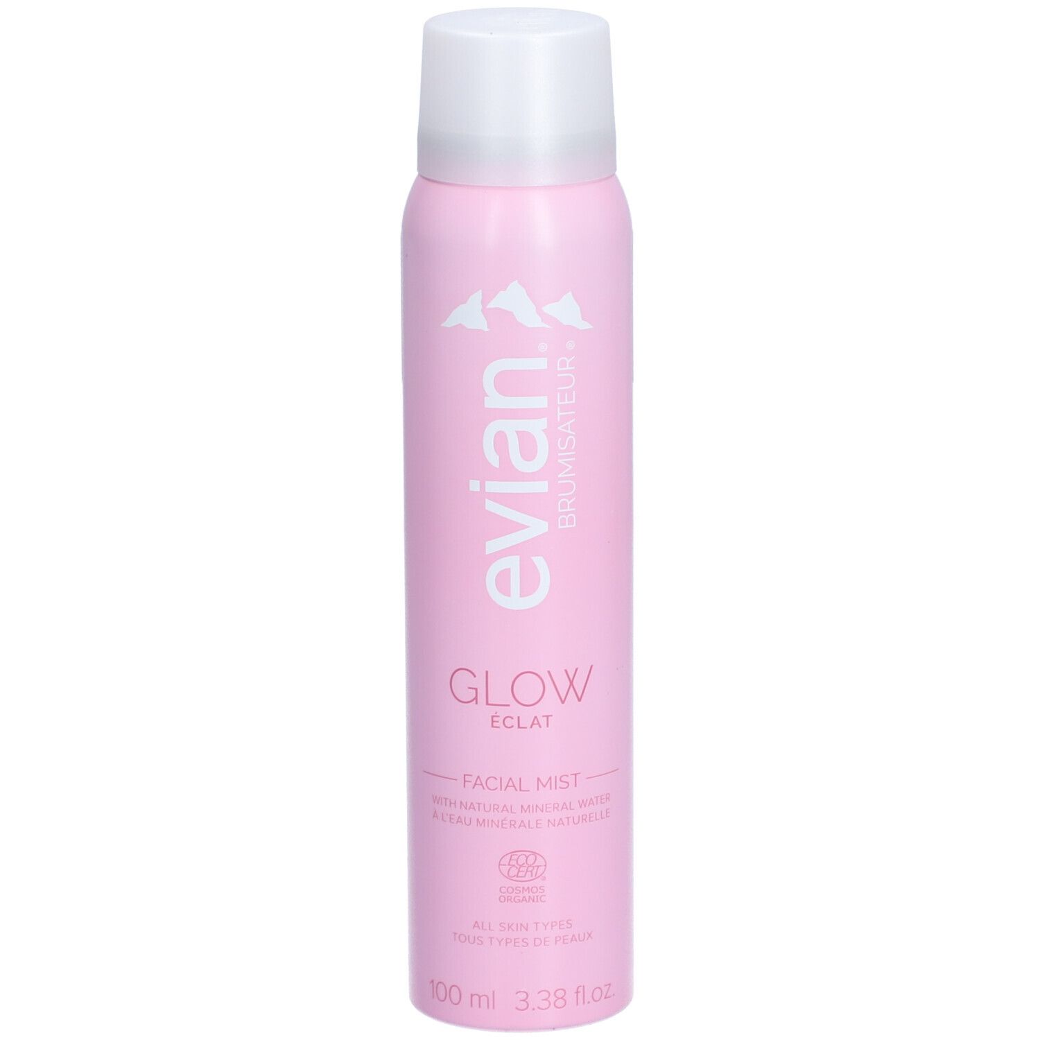 Flacon rose avec bouchon blanc. Inscriptions: Evian, Glow, Éclat, Facial Mist. Avec label bio.