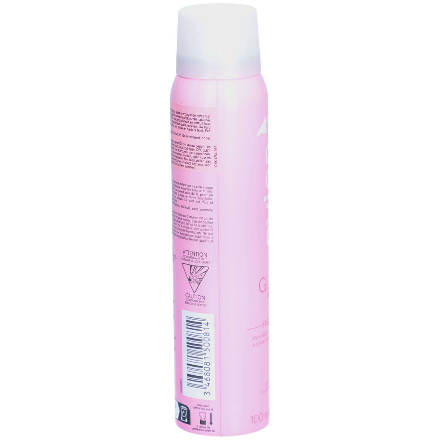 Flacon rose avec bouchon blanc. Dos avec texte et code-barres. Symbole d'avertissement.
