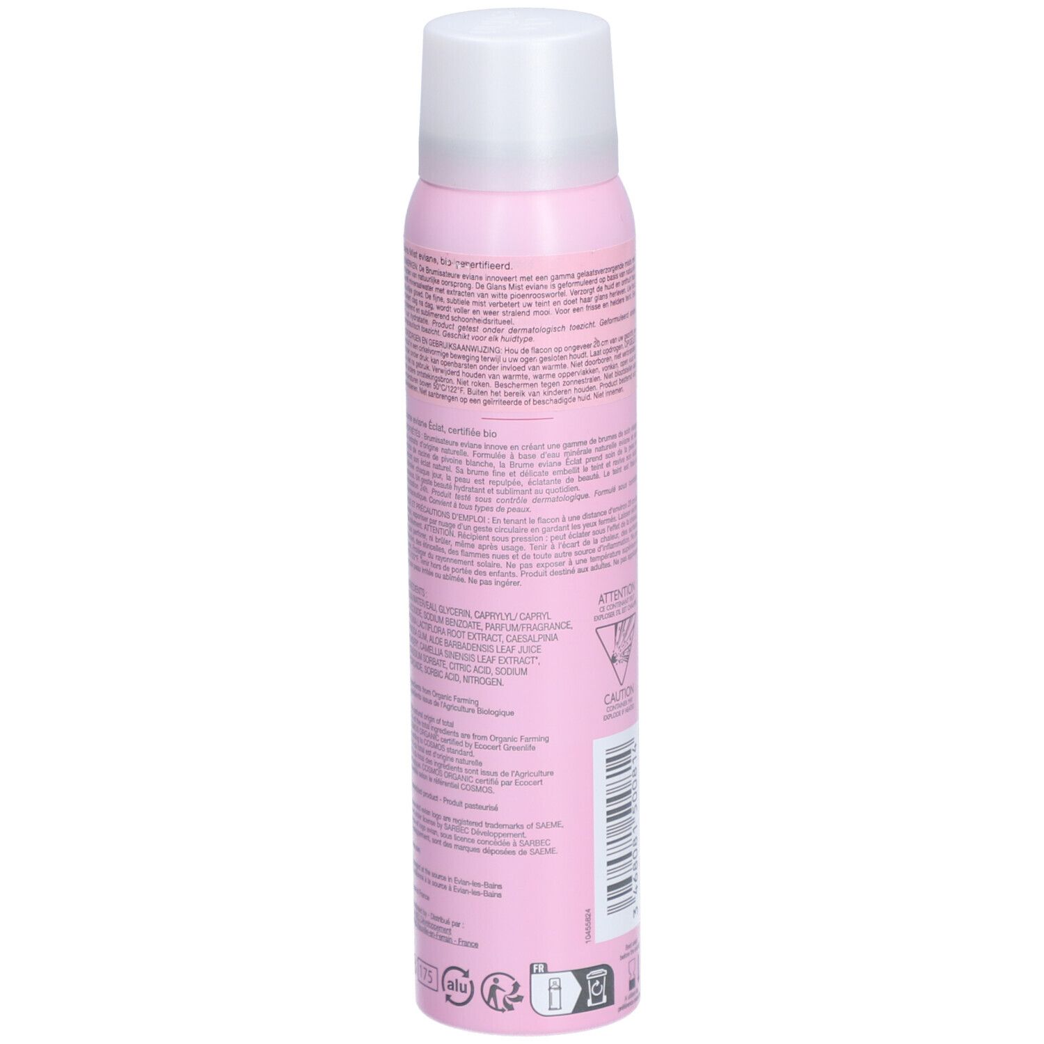 Flacon rose avec bouchon blanc. Dos avec texte et code-barres. Symbole d'avertissement.