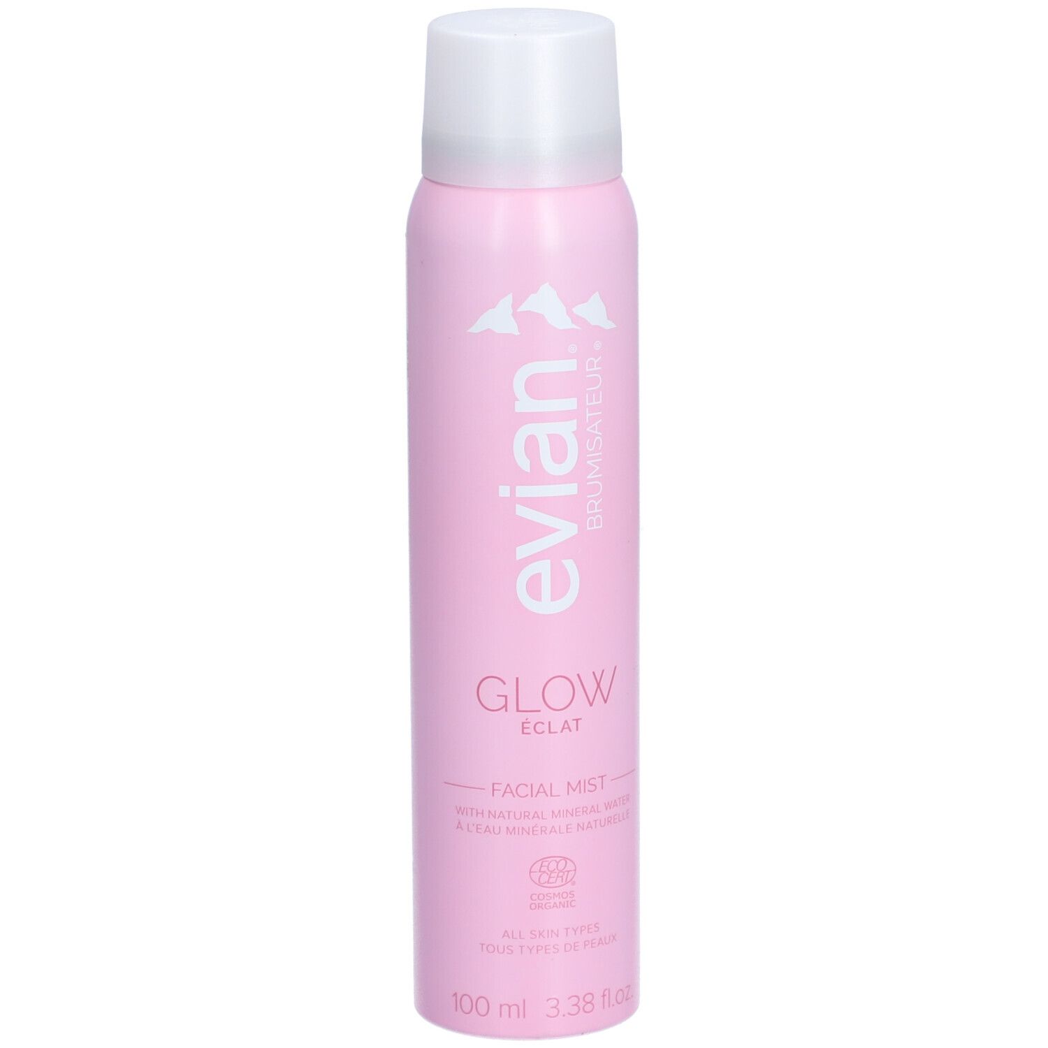 Flacon rose avec bouchon blanc. Inscriptions: Evian, Glow, Éclat, Facial Mist. Avec label bio.